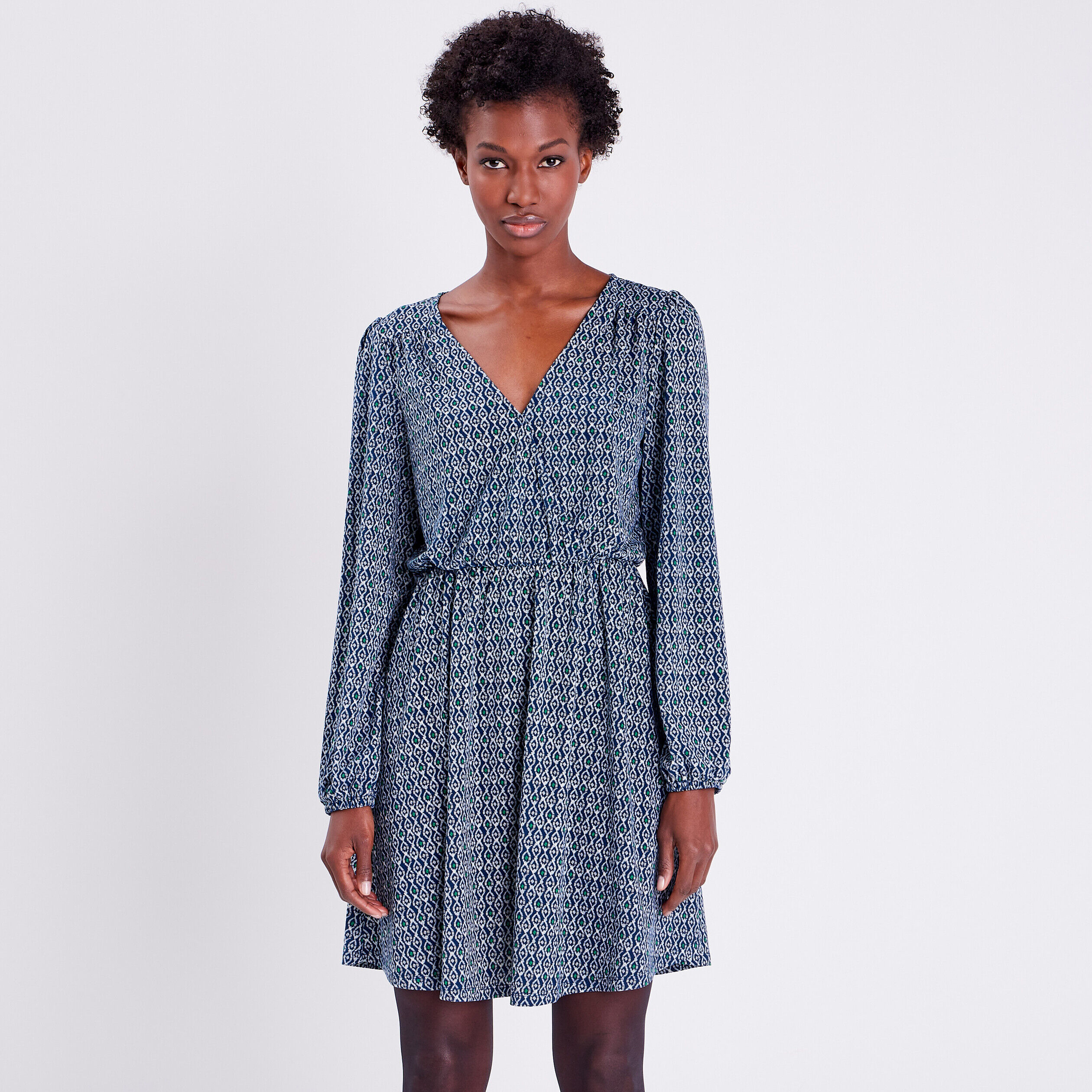 Robe évasée col cache-coeur bleu foncé femme | Cache Cache