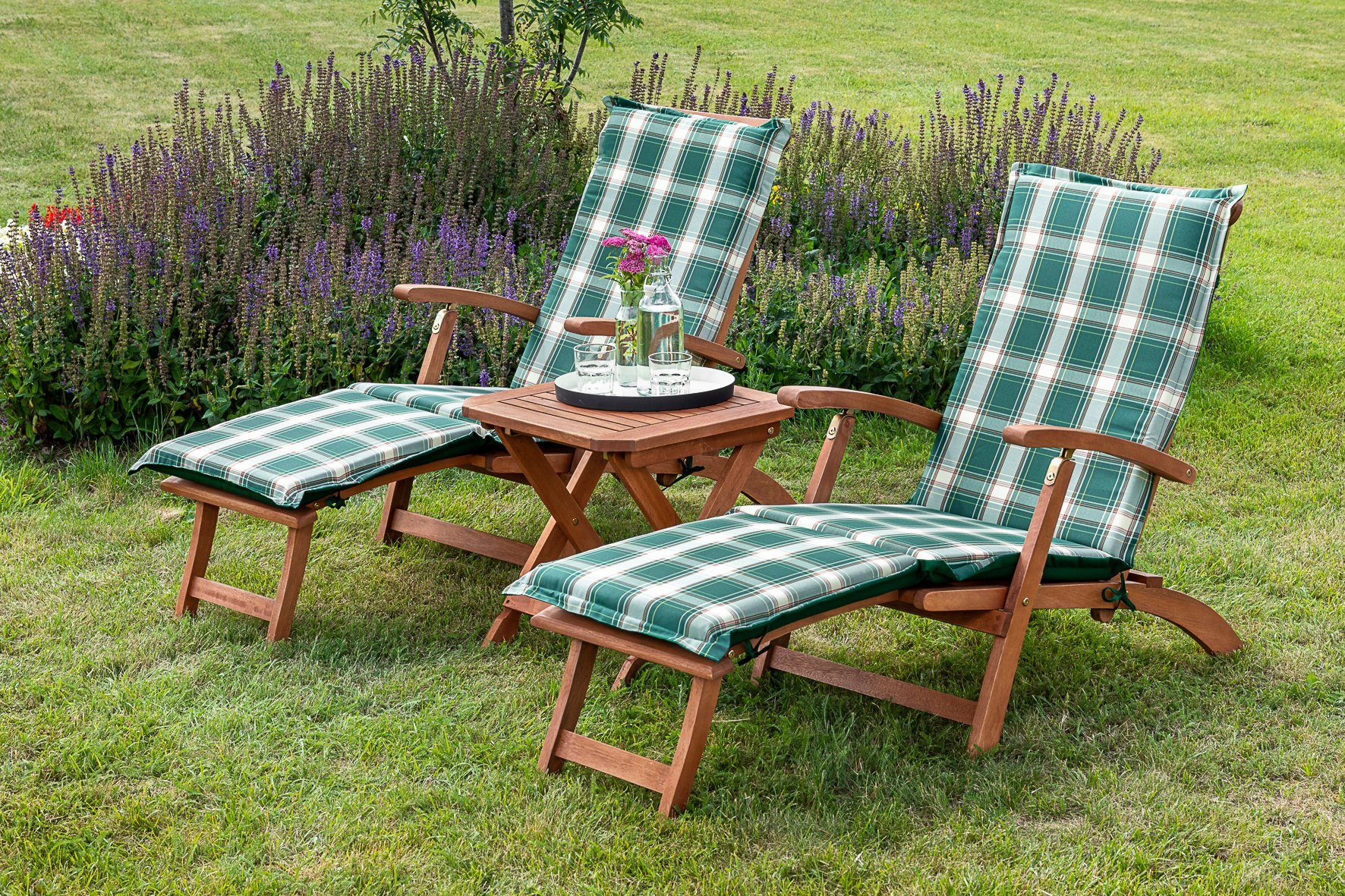 MERXX Gartensessel Deckchair (Set, 5-St., 2x Sessel, 2x Auflage, 1x Klapphocker), inkl. Wendeauflage und Klapphocker