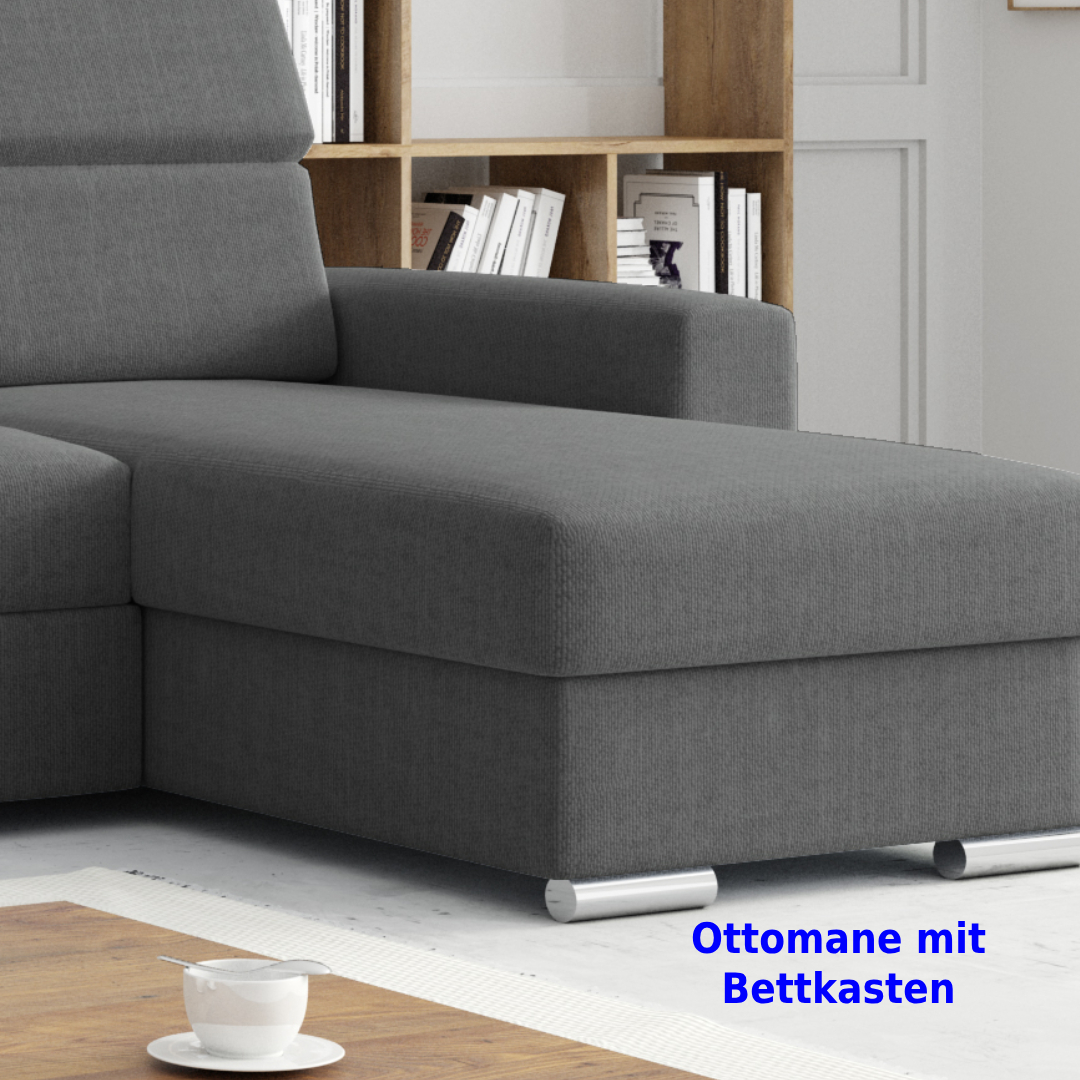Möbel Punkt Ecksofa TOKIO Webstoff Anthrazit Grau mit Bett und Bettkasten Sofa Schlafsofa