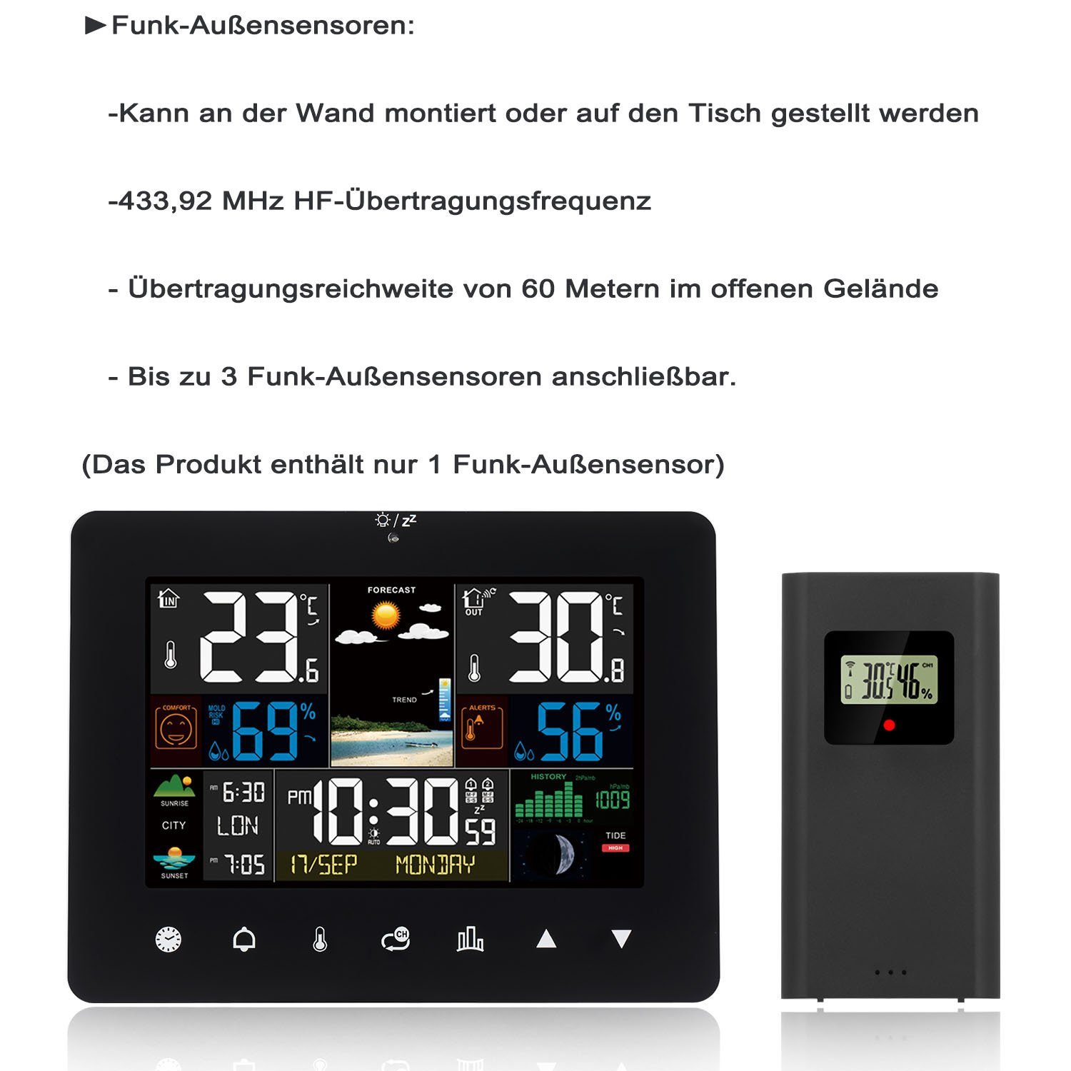 LETGOSPT Touch-Screen Thermometer Wettervorhersage Wetterstation (mit Sensor)