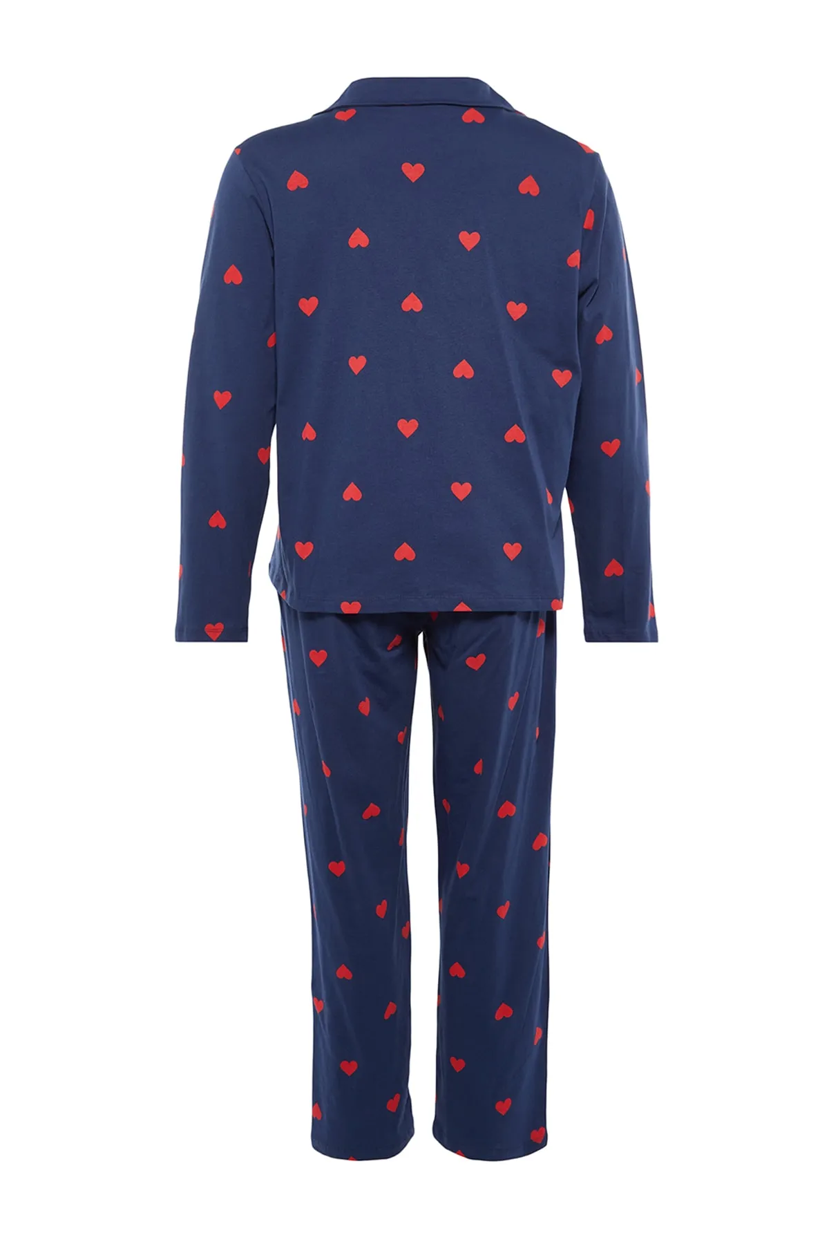 Trendyol Curve  Marineblaues Strick-Pyjama-Set mit Hemdkragen und Herzmuster TBBAW23AI00019