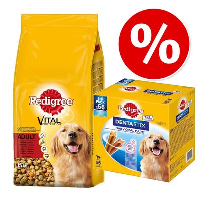 15 kg Pedigree Adult + 56 Stück Dentastix für große Hunde zum Sonderpreis!