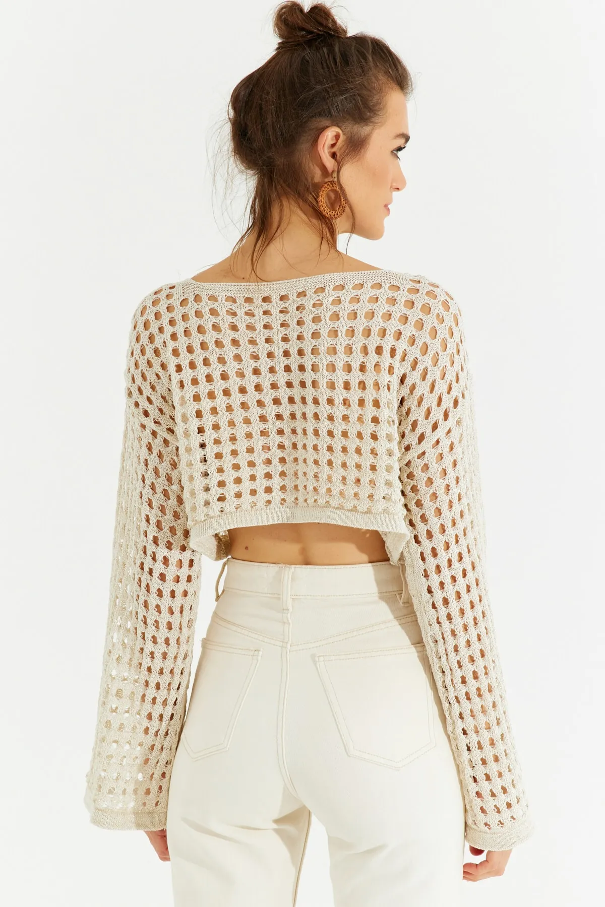 Cool & Sexy  Ecrufarbene, durchbrochene, glitzernde Strick-Kurzbluse für Damen YV141