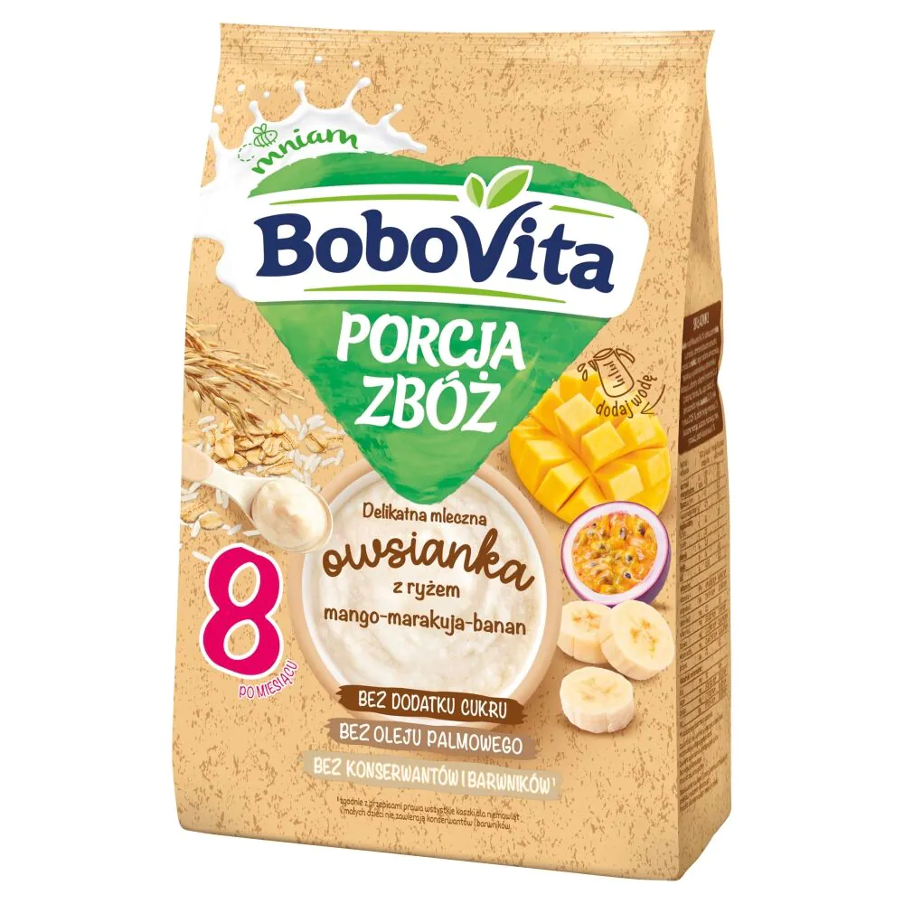 Bobowita portion af kornprodukter mælkegrød med ris, mango-passionsfrugt-banan