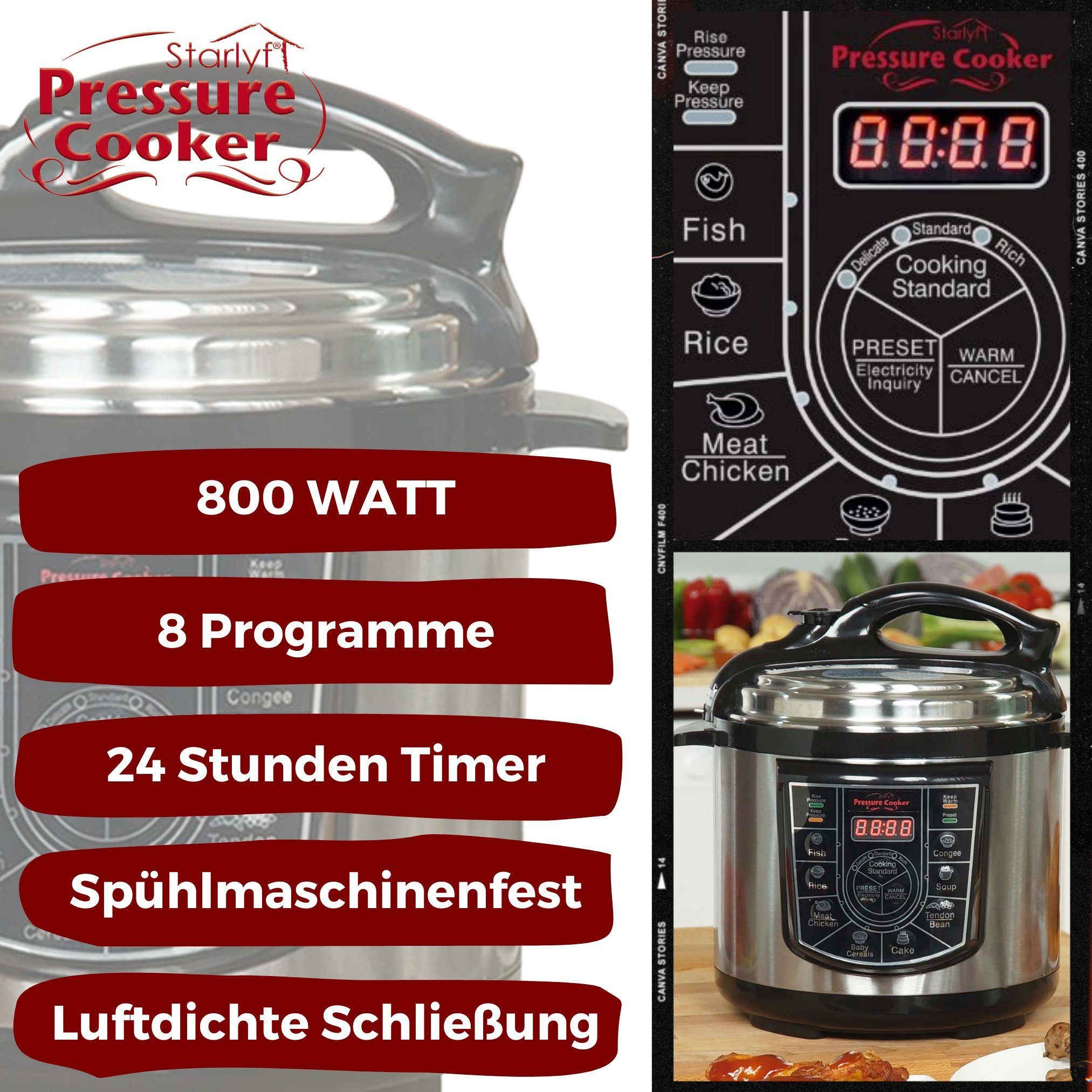 Starlyf Reiskocher Pressure Cooker, 800 W, Schnellkochtopf, Multikocher, 8 Programme, Antihaftbeschichtung