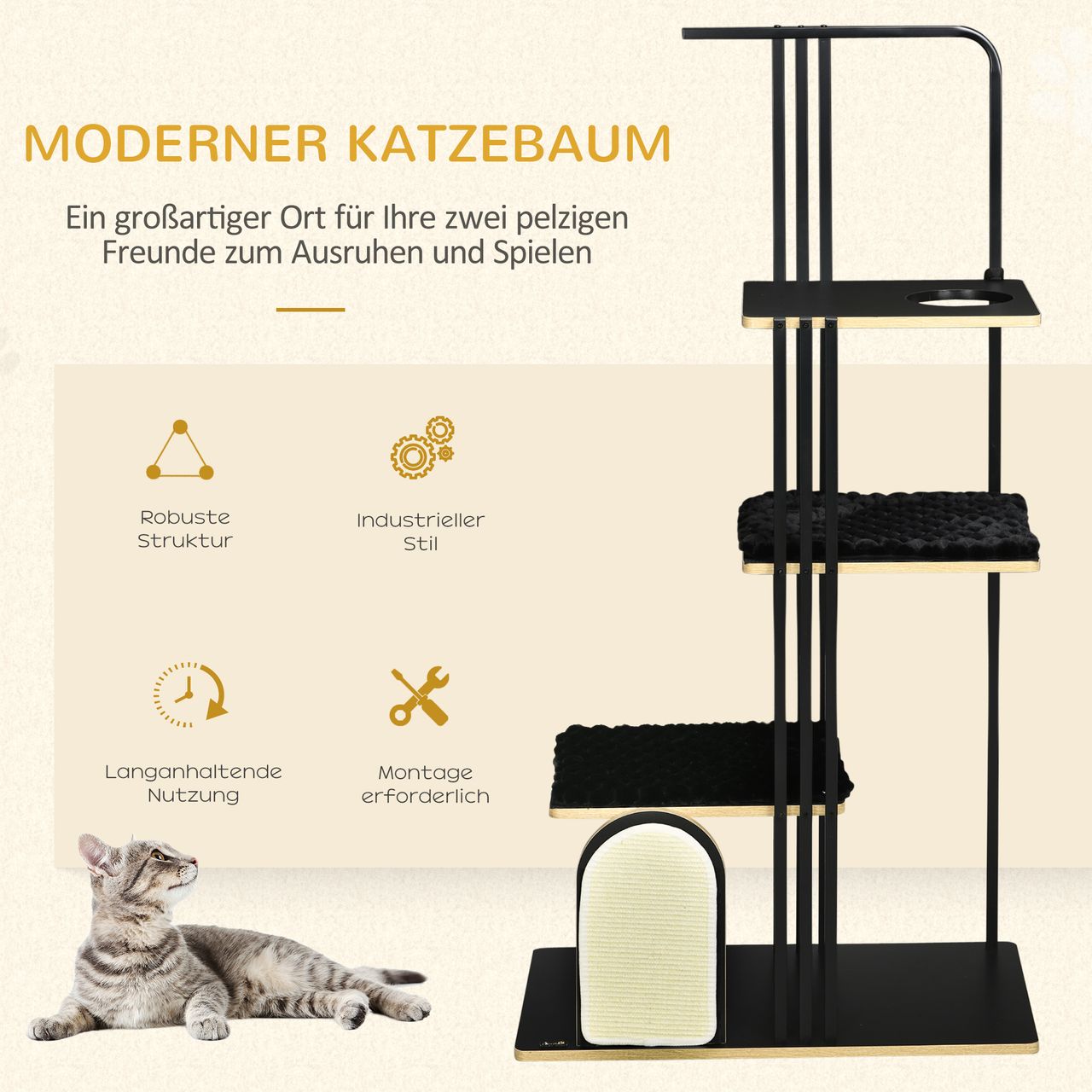 PawHut Katzenbaum 170 cm Kratzbaum mit Kissen Kletterbaum mit Kratzbrett Stahl