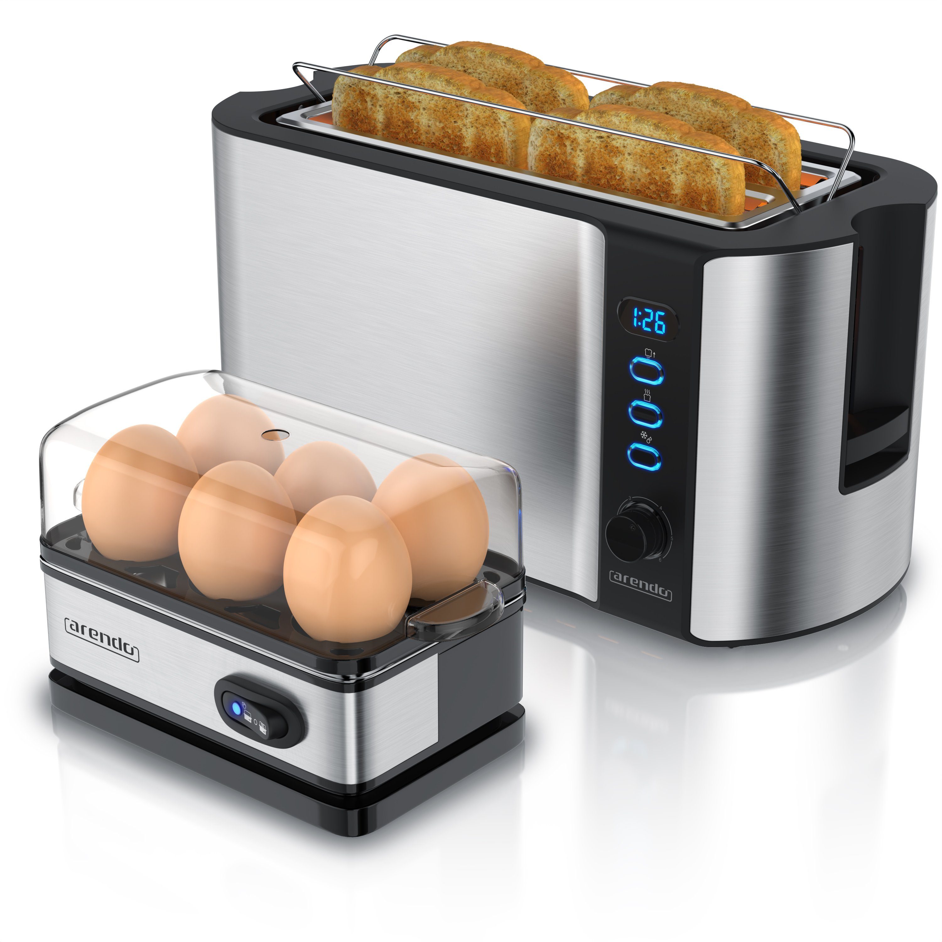 Arendo Frühstücks-Set (2-tlg), 4-Scheiben Langschlitz Toaster, 6er Eierkocher, Silber