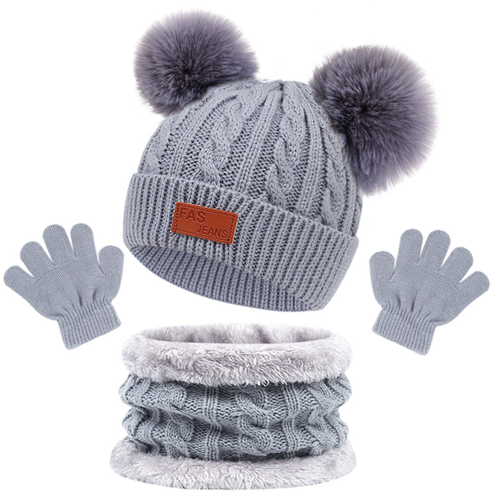 Rutaqian Mütze & Schal 3 In 1 Kinder Winter Set, Kinder Wintermütze Schal Handschuhe Mädchen (Warme Winter Beanie Hut Handschuhe runder Schal Set für Kinder 1-4 Jahre, Strickmütze Babymütze Kinder Mütze Set)
