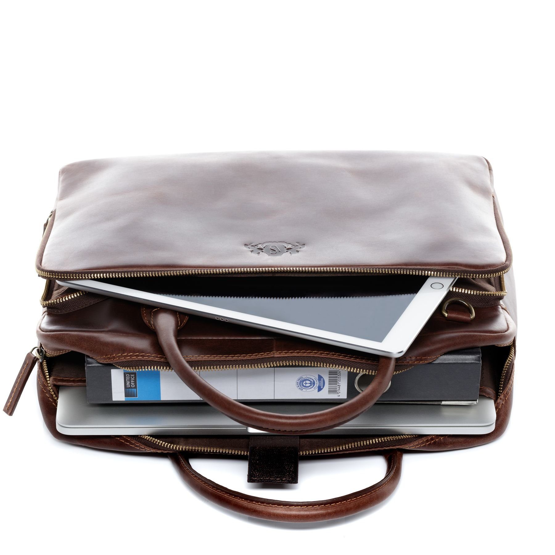SID & VAIN Laptoptasche Leder Businesstasche Unisex RYAN, Laptoptasche 15,4 Zoll, Aktentasche Echtleder Damen Herren braun