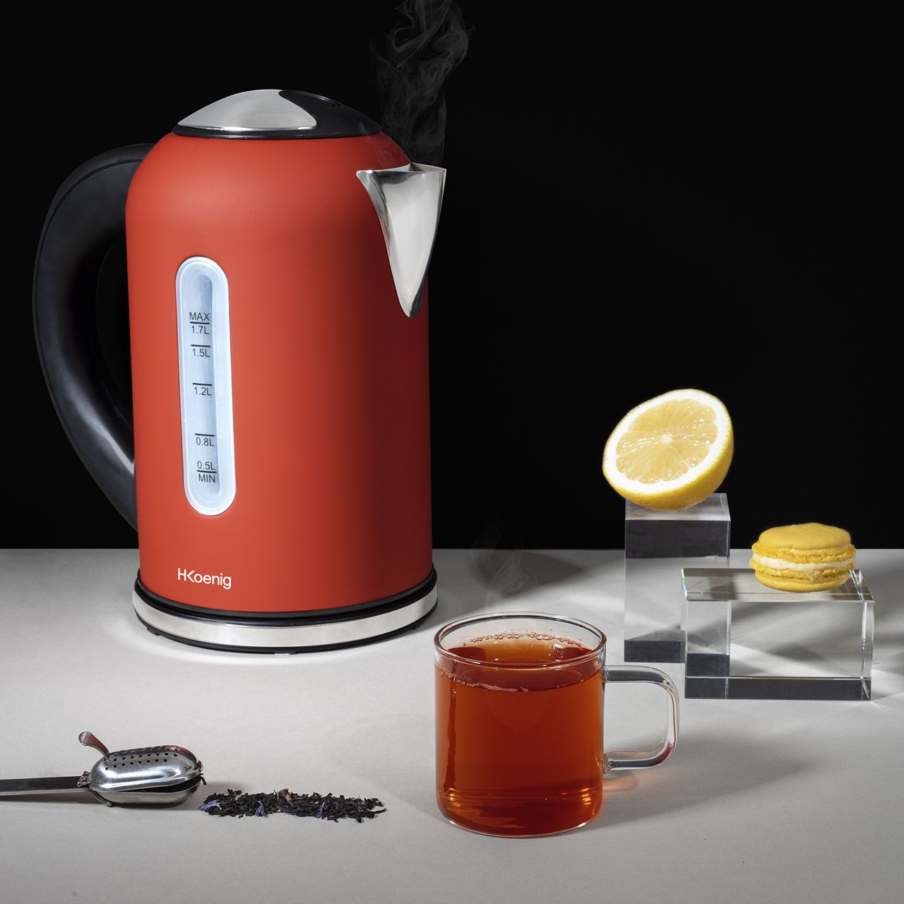 H.Koenig BOE54 Elektrischer Wasserkocher, programmierbar, Edelstahl, 1,7 l, Rot, 2200 W, Thermostat verstellbar 40 – 100 °C