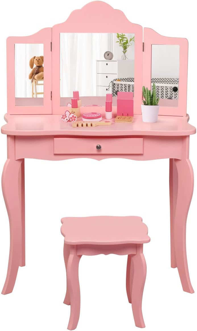 Costway Kinder Schminktisch mit Hocker und Abnehmbarer Spiegel