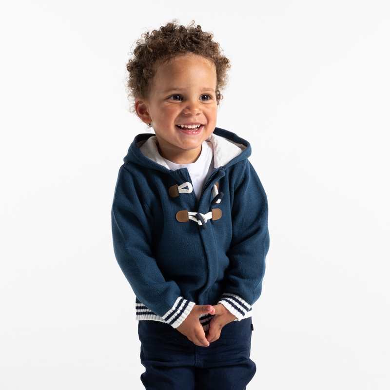 Gilet maille tricot zippé à capuche bleu bébé garçon