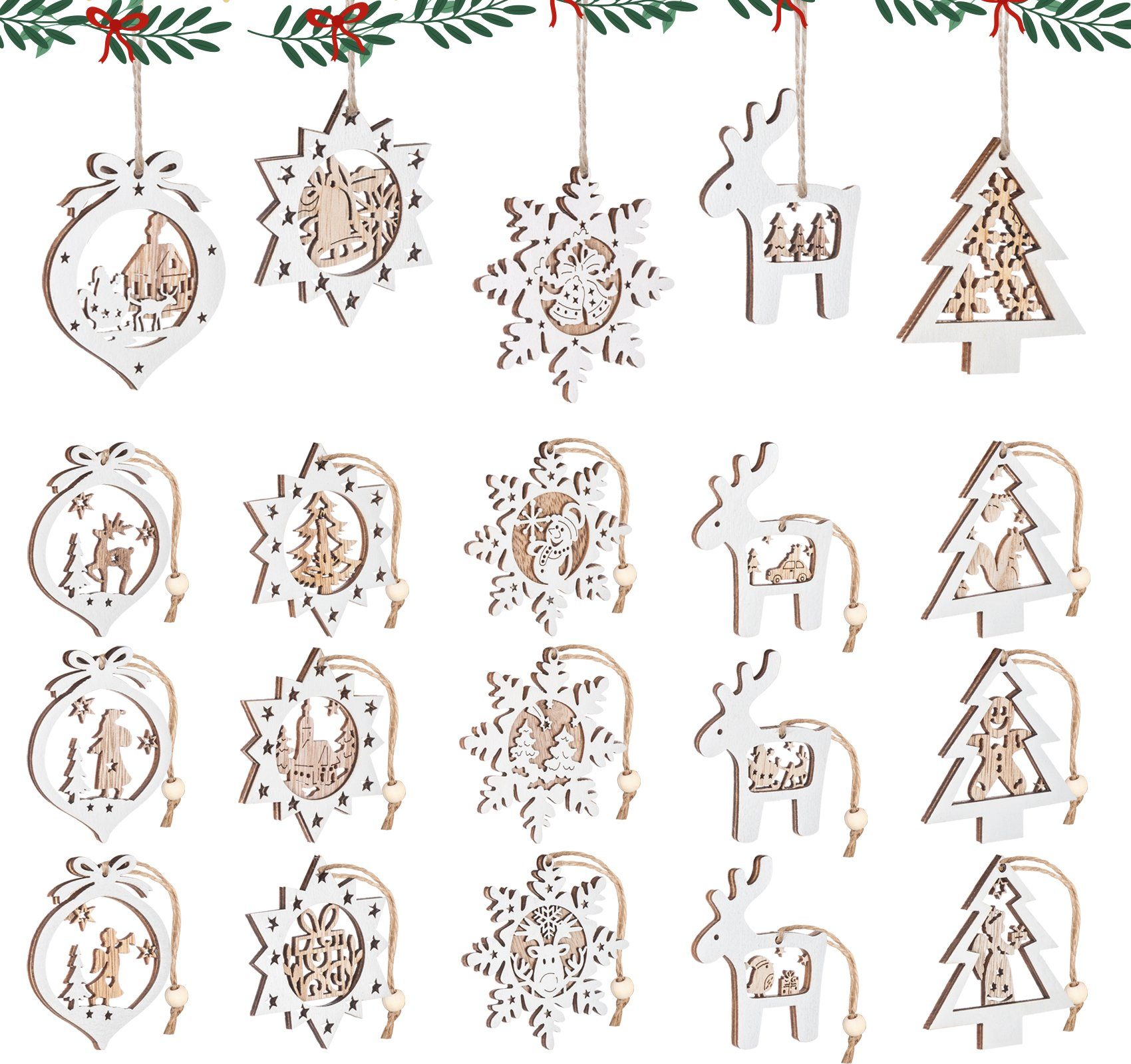 Homewit Christbaumschmuck Weihnachtsbaum Anhänger Holz Weihnachtsanhänger mit Juteseil (20-tlg), für Dekoration & Christbaumanhänger