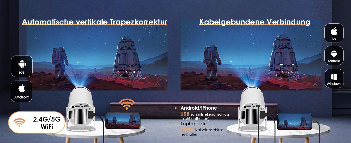 HIPPUS 1080P 5G WiFi Bluetooth, 120 ANSI automatic Mini-Beamer (9000 lm, 1,37:1, 1920x1080 px, Full HD 180°Dreh Maximal 130'' beeindruckende Heimkinoerlebnisse)