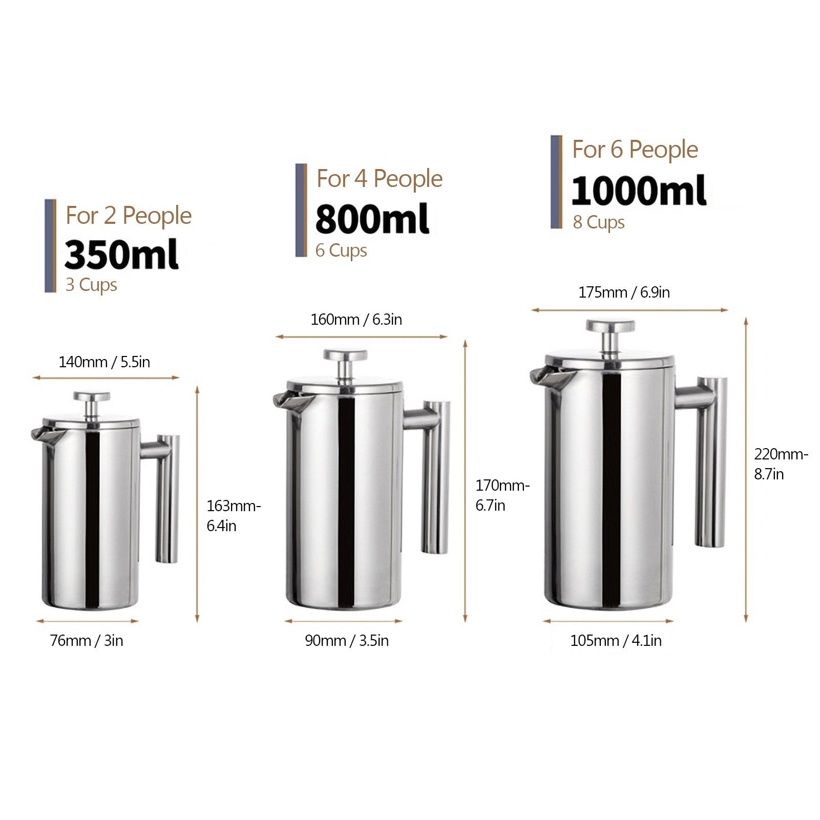 Tidyard French Press Kanne Edelstahl doppelwandig isolierte Kaffeemaschine Topf, 0.35l Kaffeekanne
