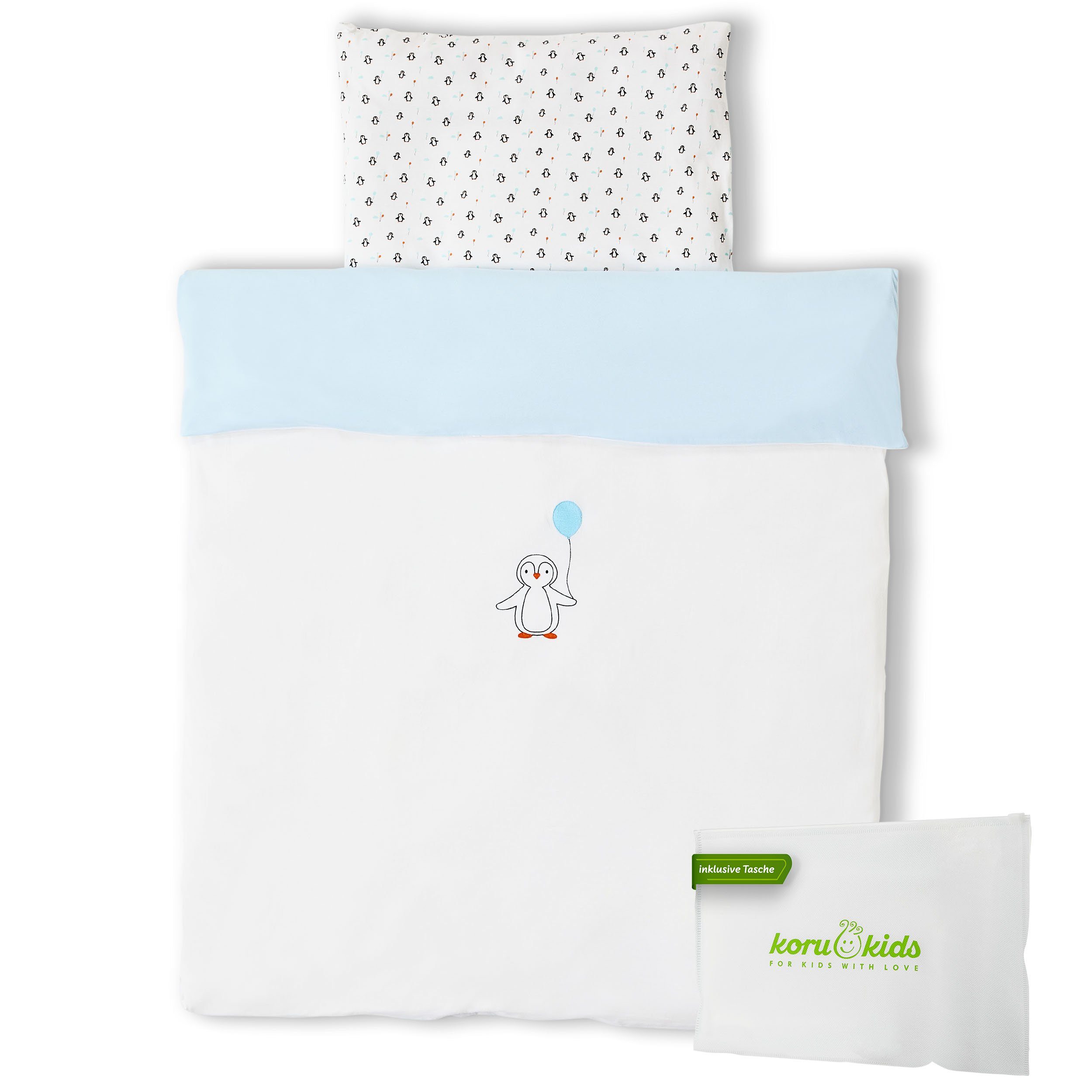 Kinderbettwäsche Pinguin, Koru Kids, mit gesticktem Motiv - 100% Baumwolle