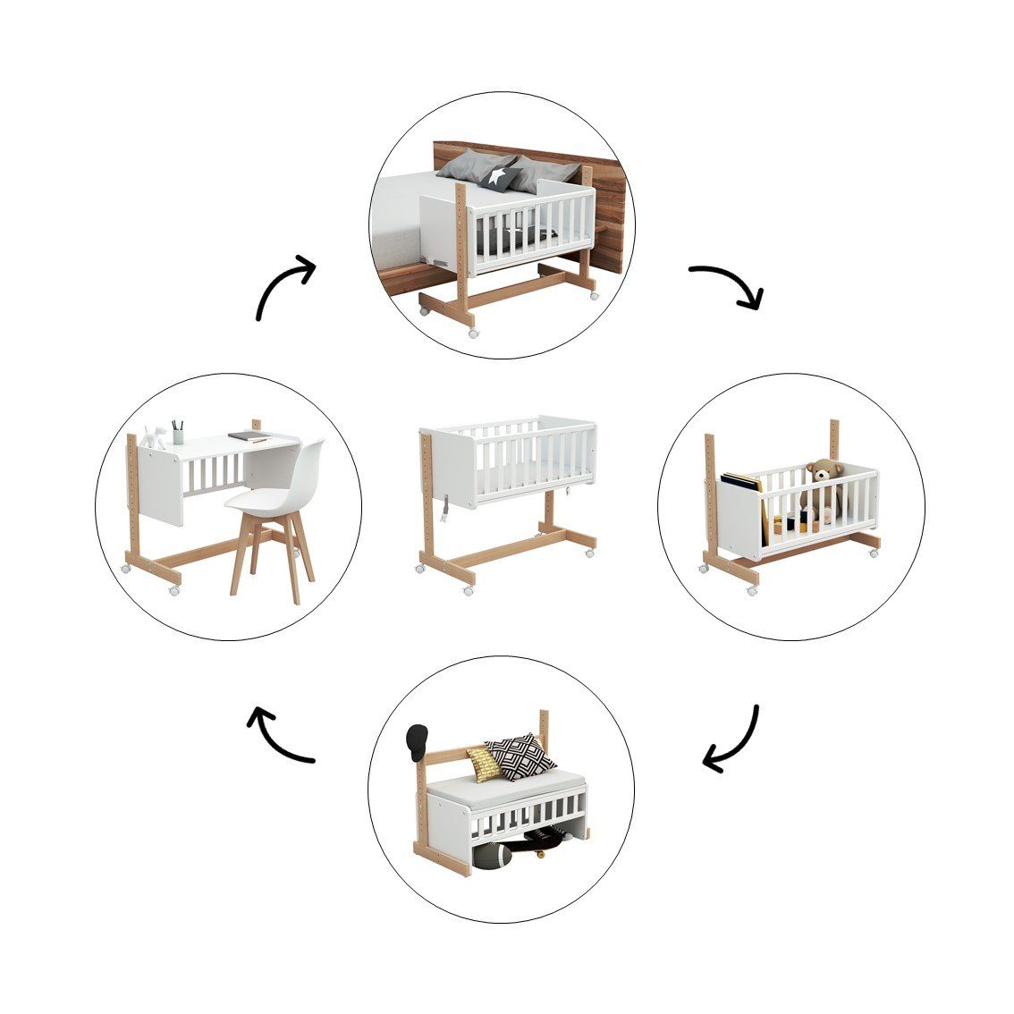 Osann Beistellbett Beistellbett 5in1, umbaubares Babybett aus Holz mit Matratze, Rollen, Gitterbett