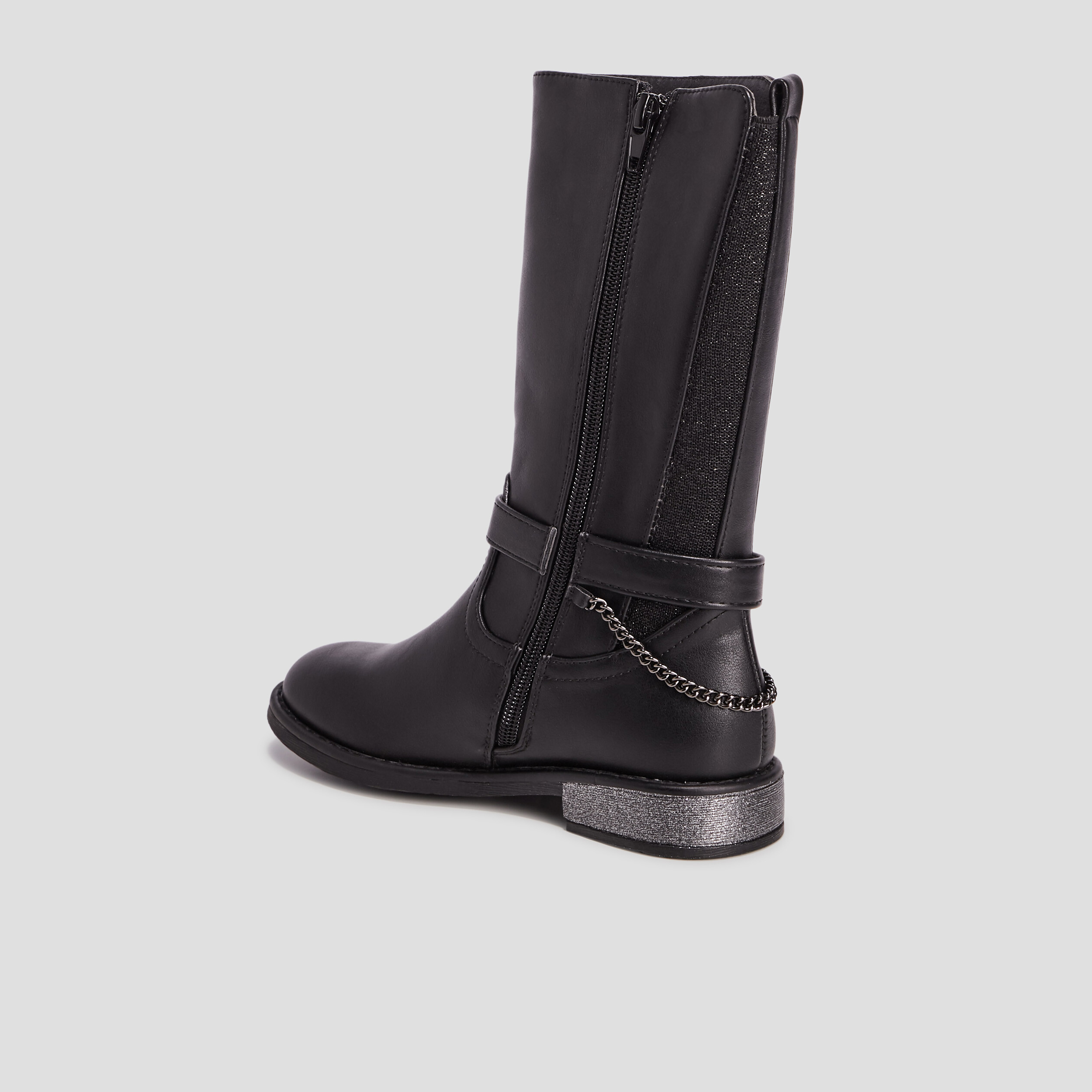 Bottes zippées avec chaînes et brides noir fille | La Halle