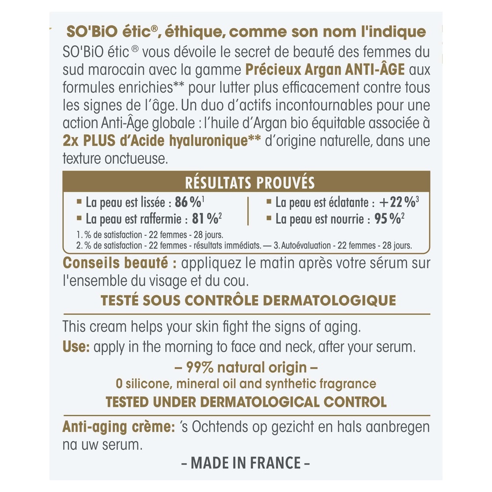 LÉA NATURE SO BiO étic Crème Anti-Âge jour, Précieux Argan Crème visage