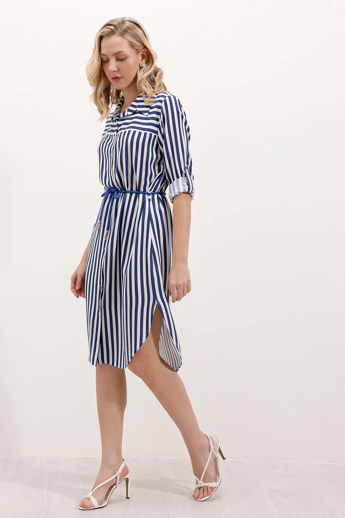 Bigdart  5629 Gestreiftes Kleid mit Gürtel - Blau