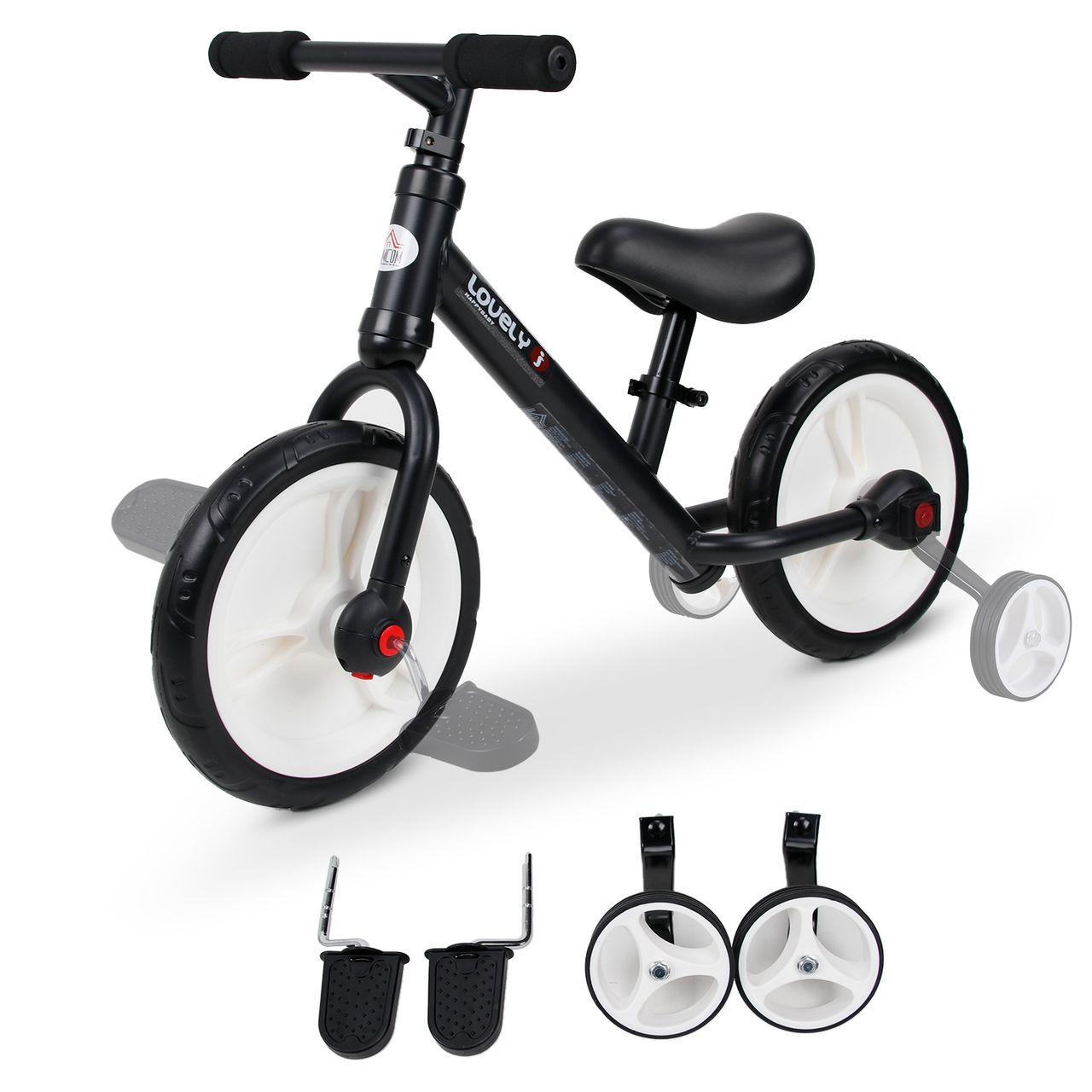 HOMCOM Kinder Laufrad, Lauflernrad, Kinderfahrrad, 2-in-1, Kinderrad mit Stützrädern und Pedalen, 2-5 Jahre, Sitzhöhenverstellbar, PP, Schwarz, 85 x B36 x H54 cm
