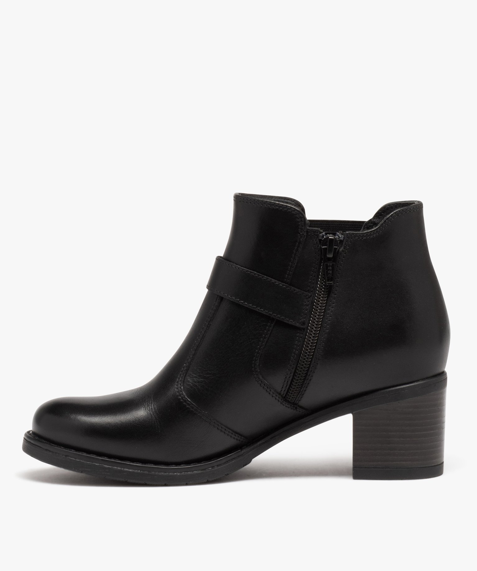 Boots femme dessus en cuir uni à talon carré noir | GEMO