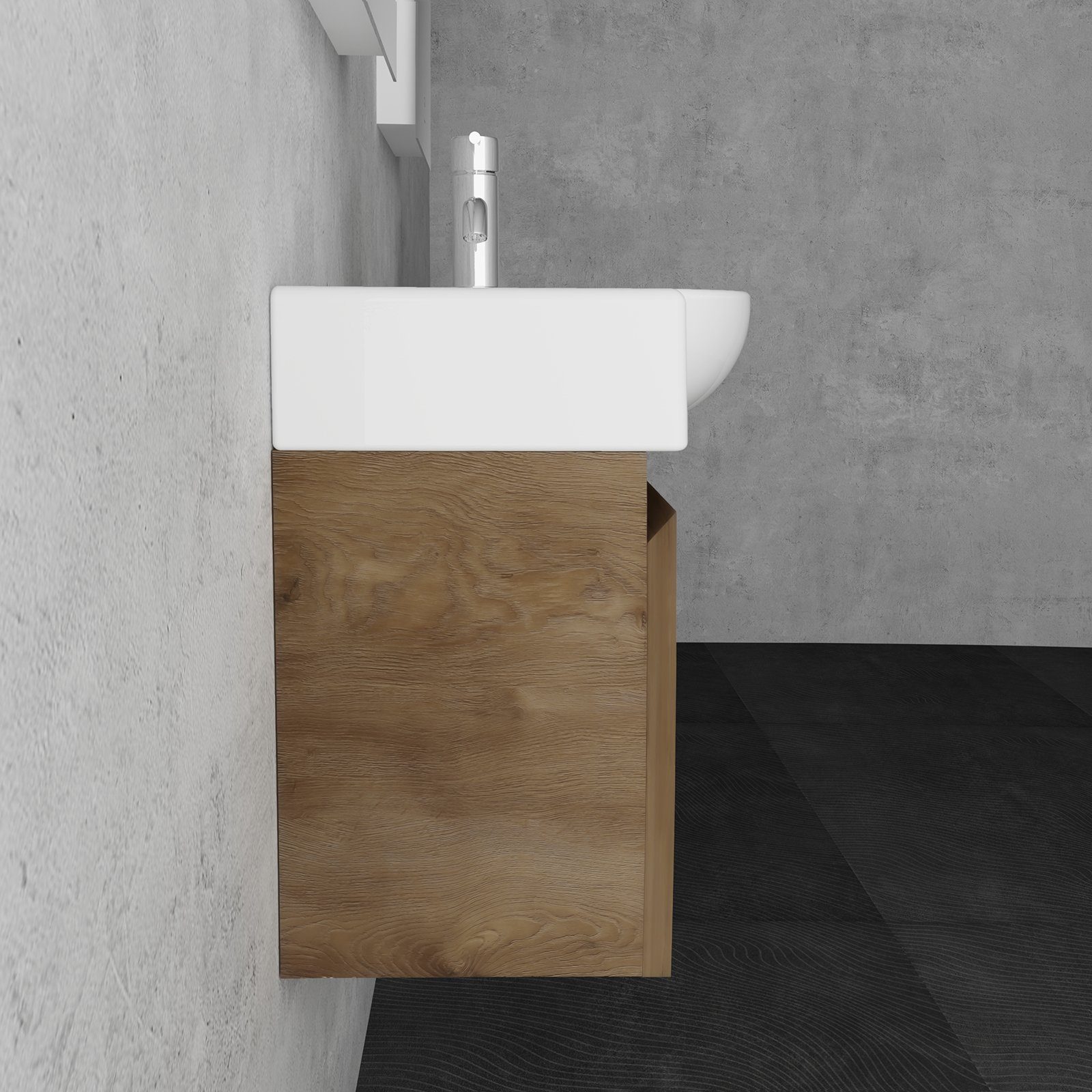 Alpenberger Badmöbel-Set - Gäste WC Waschbecken mit Unterschrank 45 cm Breit, (Badschrank 2-tlg., Waschtisch hängend), Waschbeckenunterschrank mit Softclose - Farbe Eiche - Links Becken