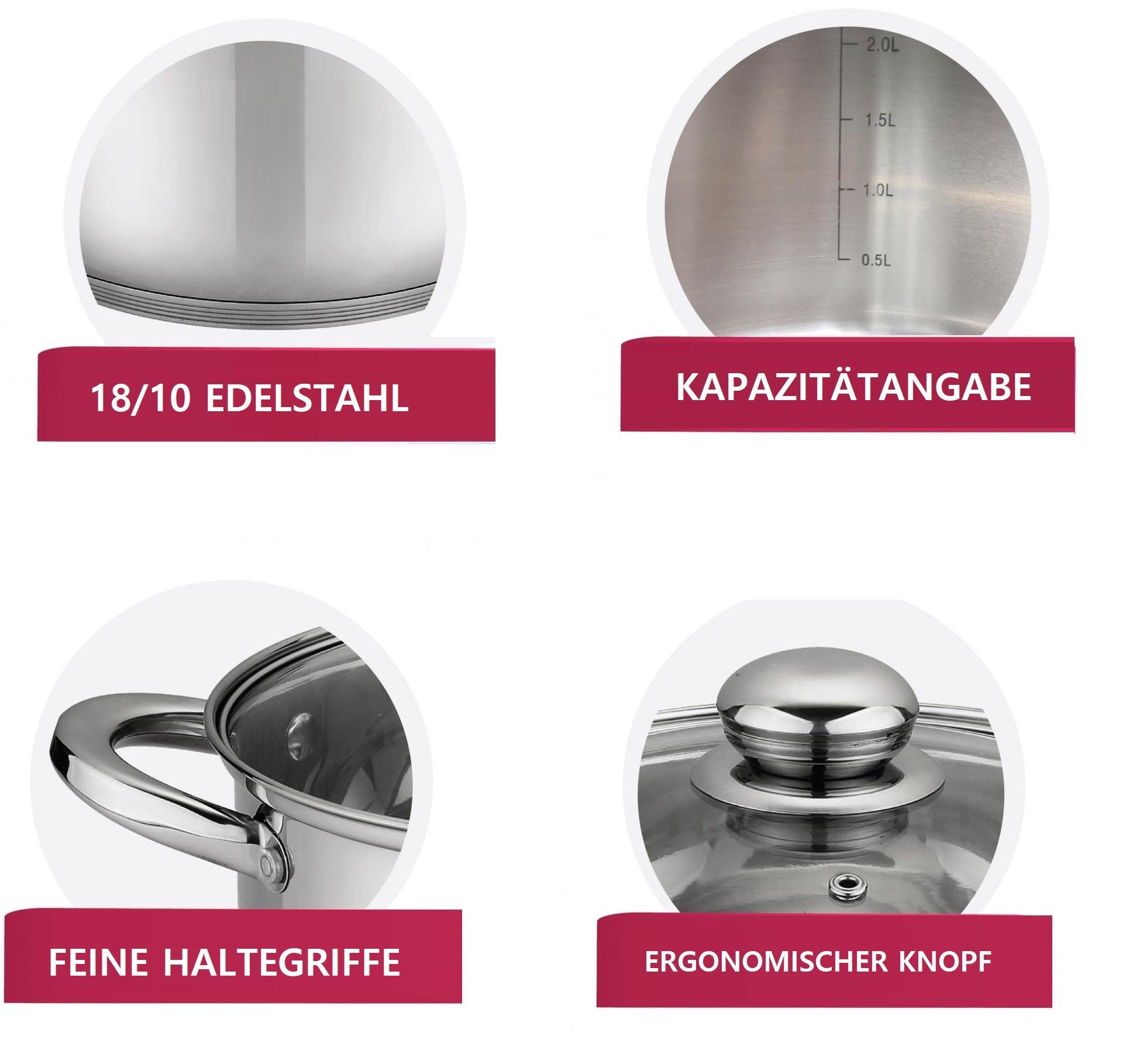 Cheffinger Kochtopf 10-tlg Edelstahl Kochgeschirr Set Induktion Kochtopf Topf mit Deckel, (10-tlg)