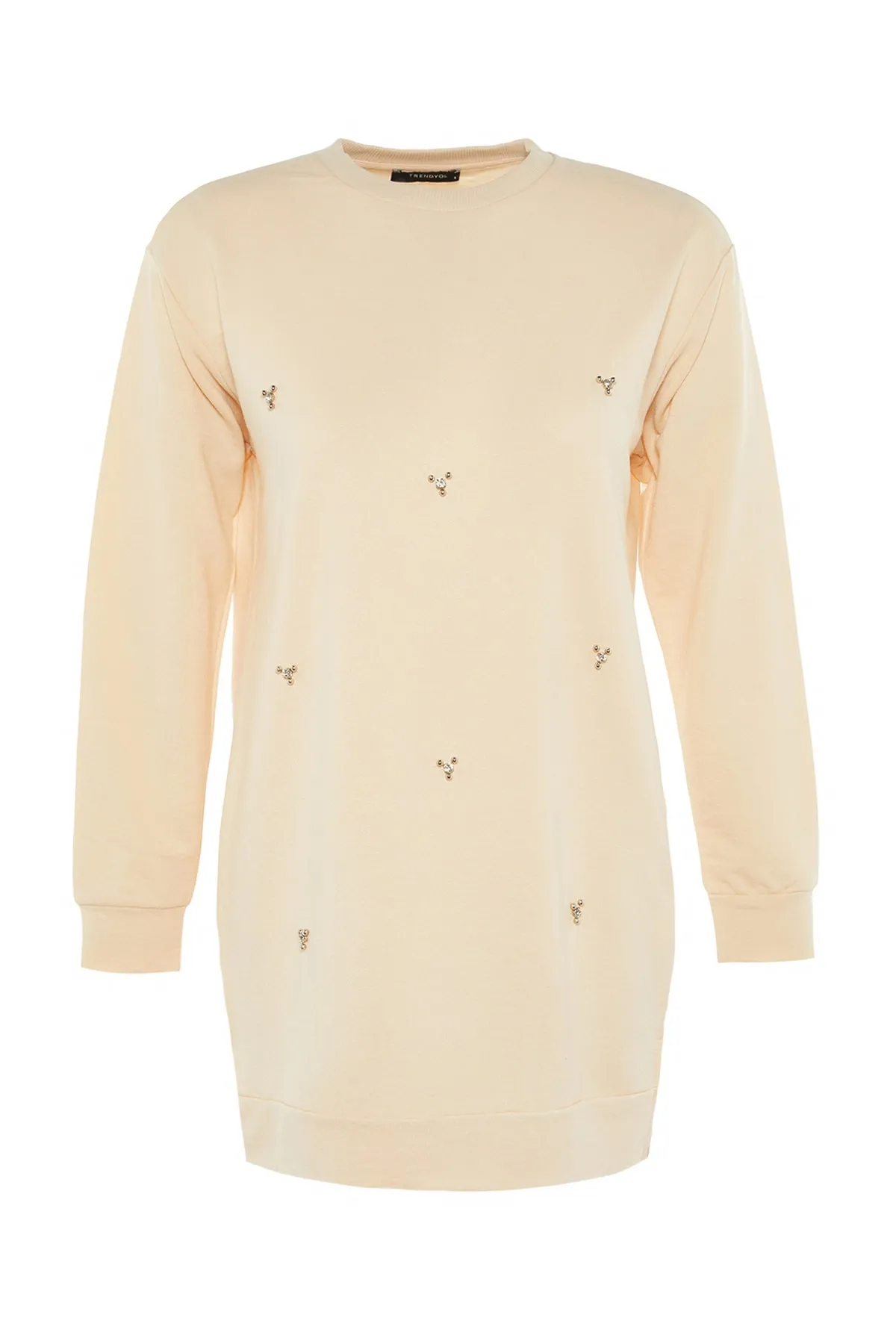 Trendyol Modest  Cremefarbene Stricktunika mit Rundhalsausschnitt und Steindetail TCTSS22TN0072
