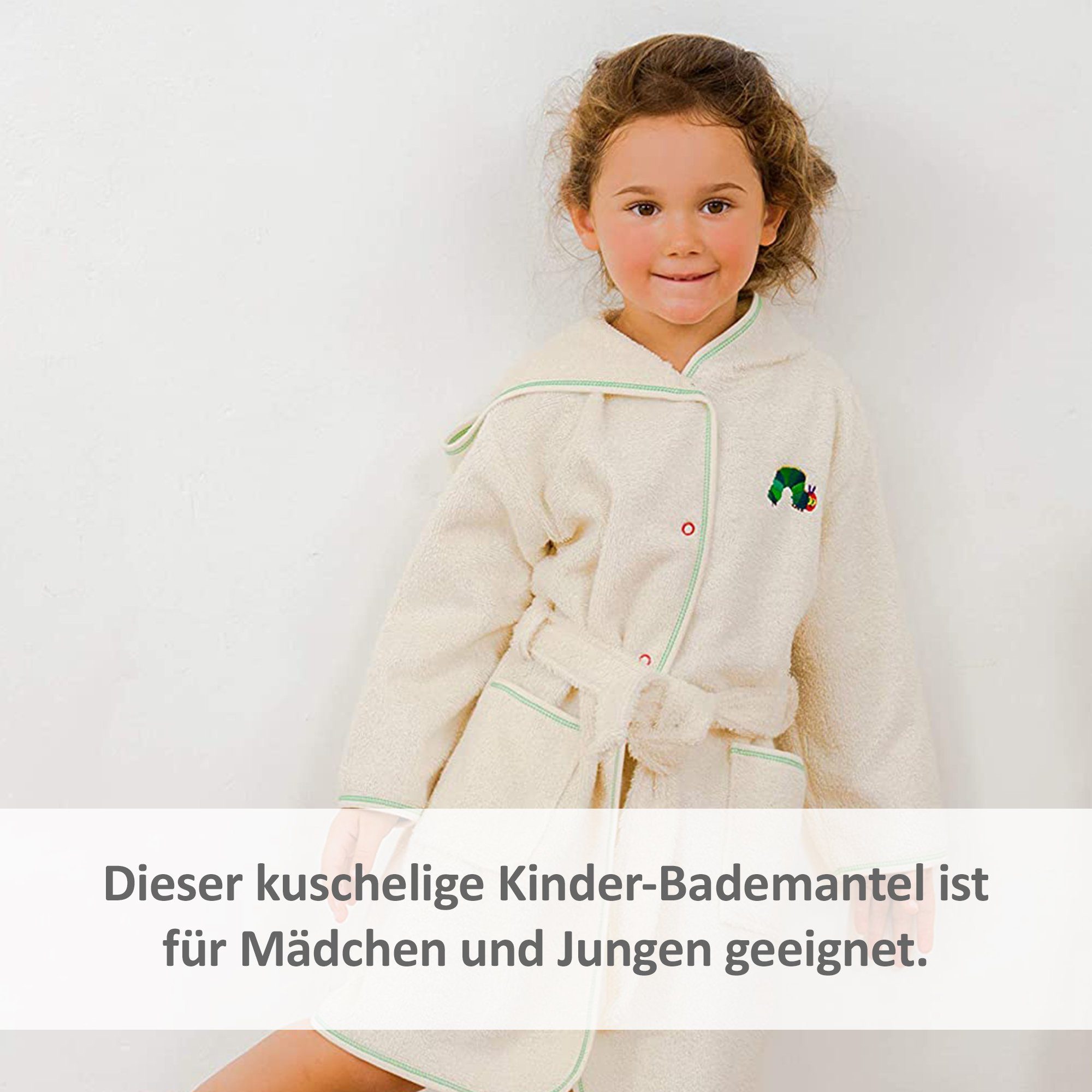 Smithy Kinderbademantel mit der Raupe Nimmersatt aus Bio-Baumwolle, lange Form, Velours-Frottee, Kapuze, Gürtel, Knöpfe, made in Europe
