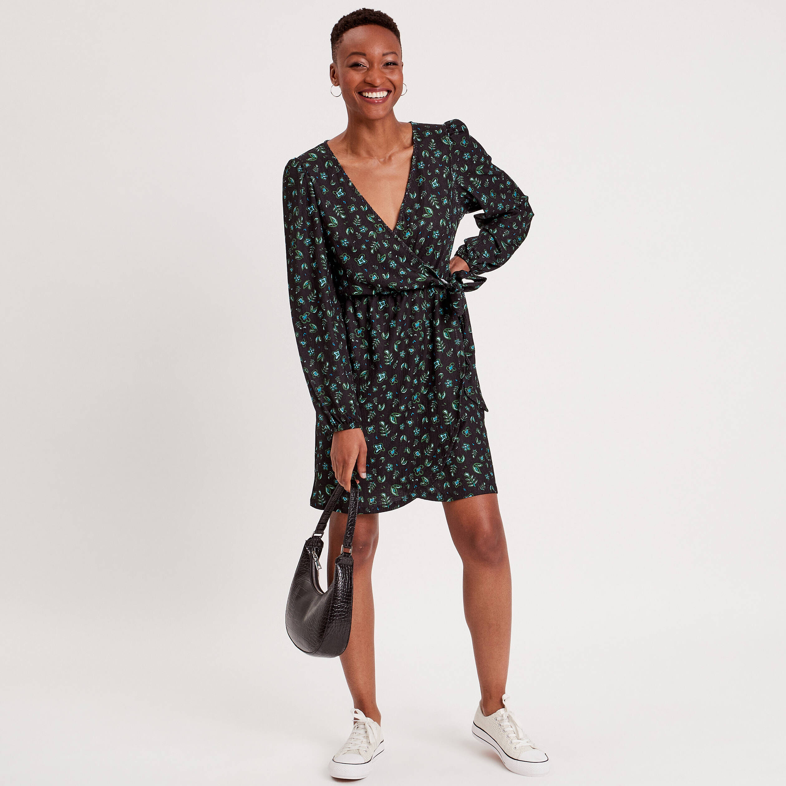Robe évasée col cache-coeur noir femme | Cache Cache