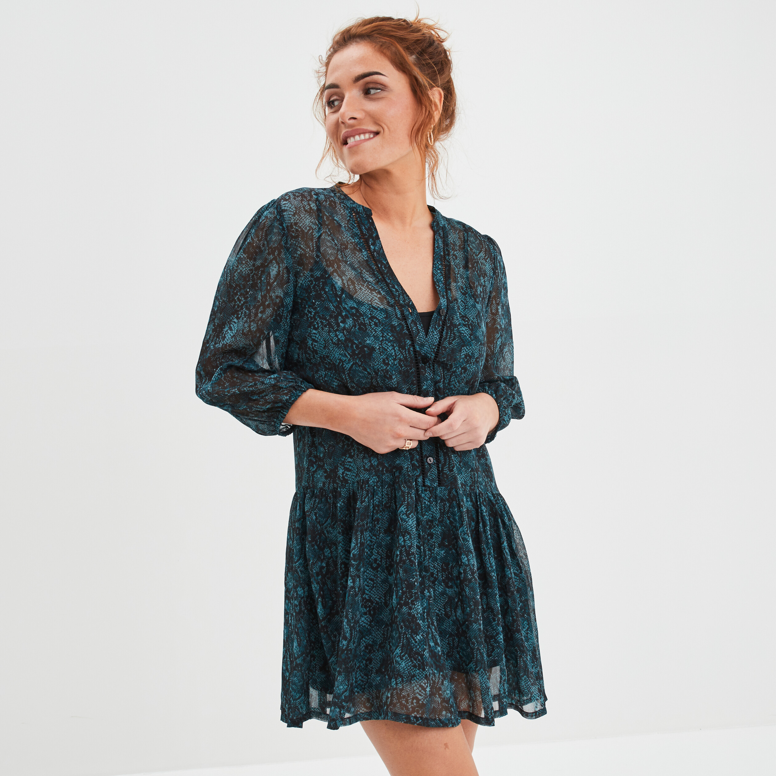 Robe fluide évasée courte col V Liberto bleu canard femme | La Halle
