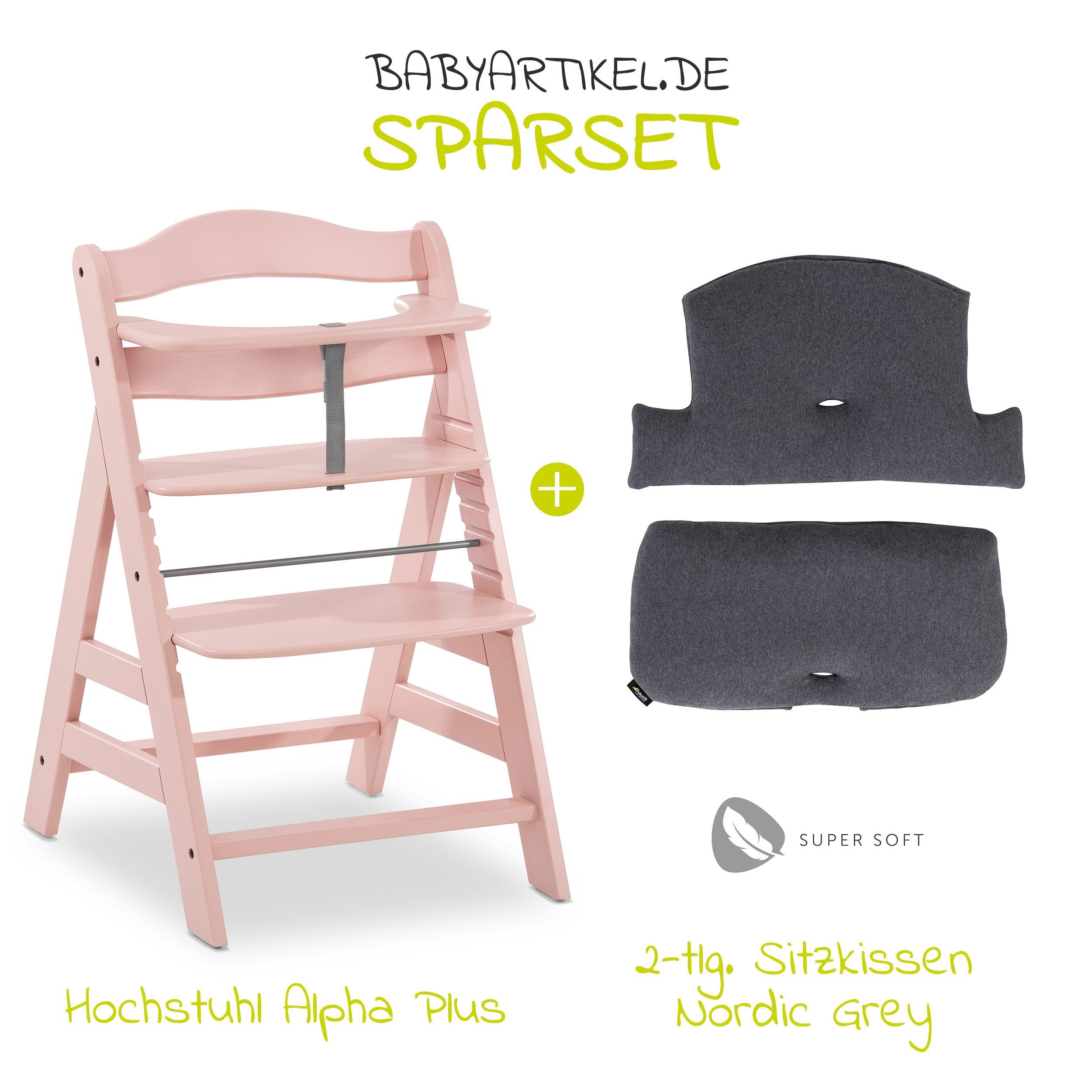 Hauck Hochstuhl Alpha Plus - Rosa (2 St), Mitwachsender Holz Kinderhochstuhl mit Sitzauflage höhenverstellbar