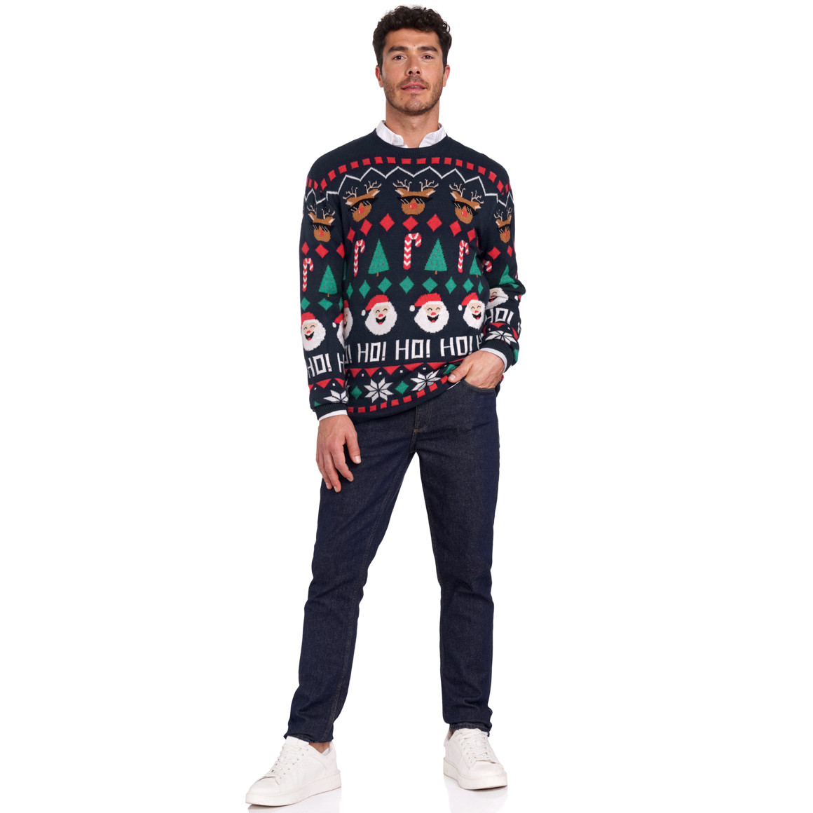 Herren Weihnachtspullover mit Allover-Motiven dunkelblau / rot / grün