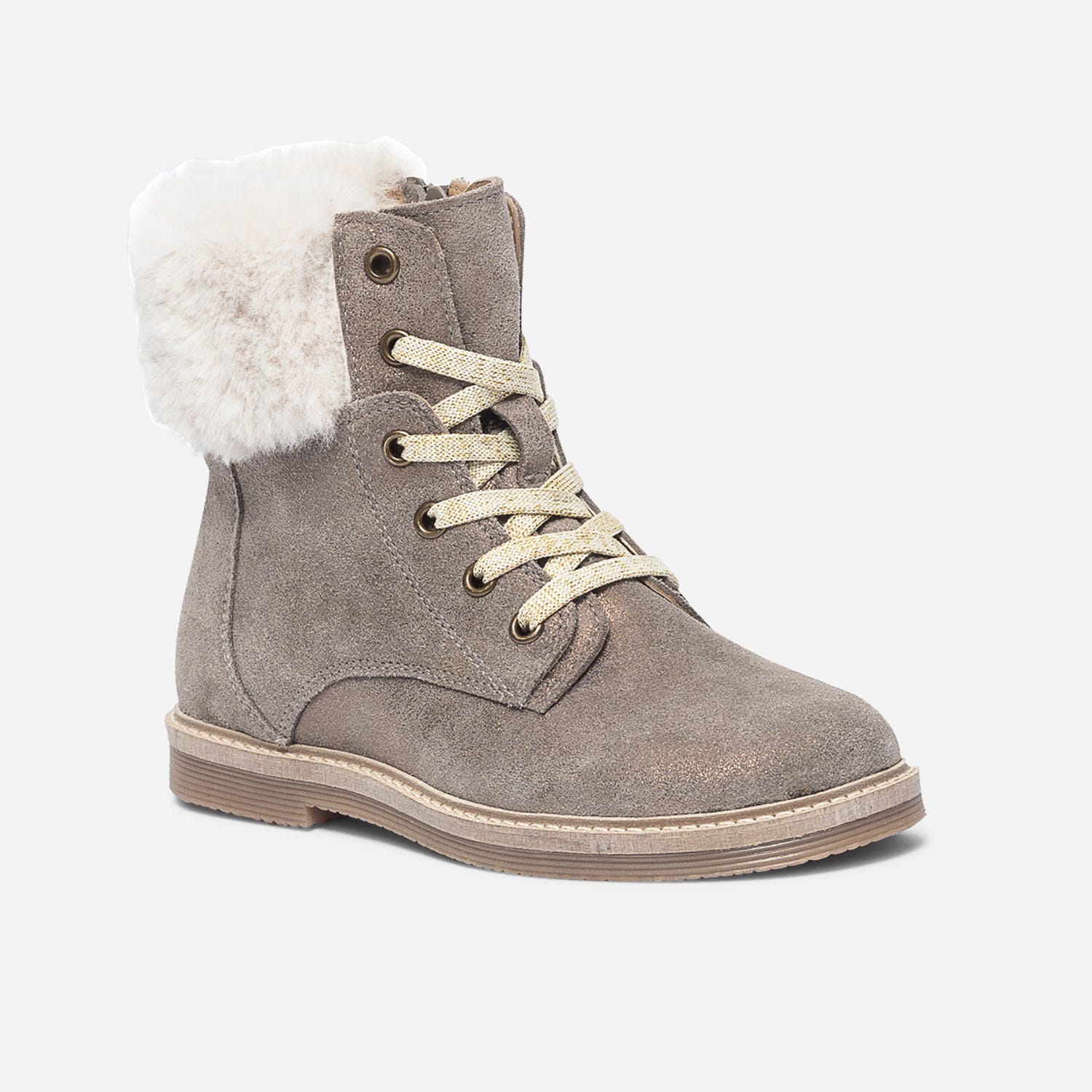Bottine taupe irisé en cuir velours fourré