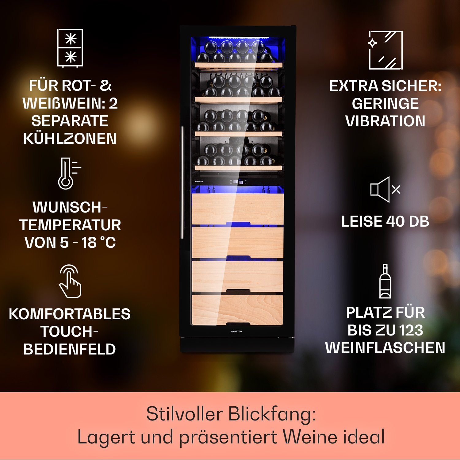 Klarstein Weinkühlschrank Barossa 123 Duo, für 123 Standardflaschen á 0,75l,2 Zonen Wein Flaschenkühlschrank Weintemperierschrank Weinschrank