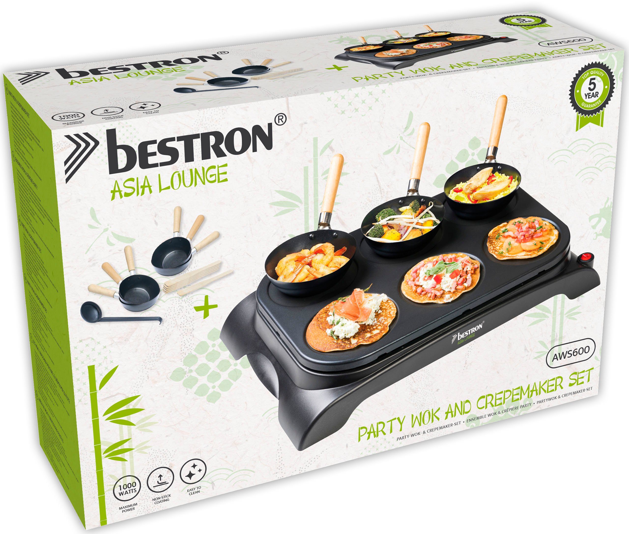 bestron Raclette AWS600, 6 Raclettepfännchen, 1000 W, Mini Wok Pfannen für 6 Personen, inkl. 6 Holzspatel & 1 Schöpflöffel