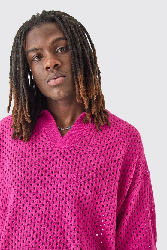 Kurzärmliges kastiges Strick-Poloshirt in Pink