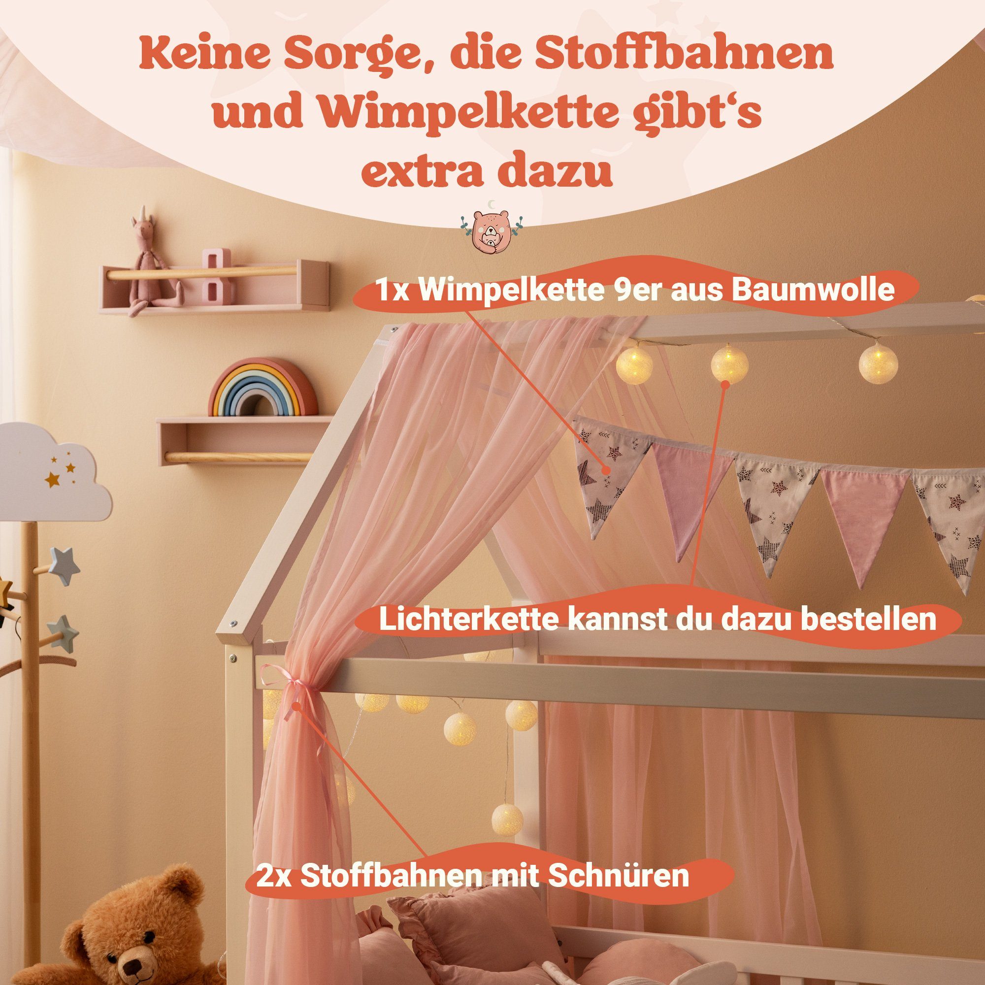 Alcube Hausbett HEIM - KOMPLETT SET I BESTSELLER! GRATIS Lieferung (Kinderbett 80x160 cm inkl. Matratze 80x160, Rosa Dekoration ohne Lichterkette, wechselbarem Rausfallschutz und Lattenrost, Hausbett 80x160 für Mädchen und Jungen I FSC zertifizierter