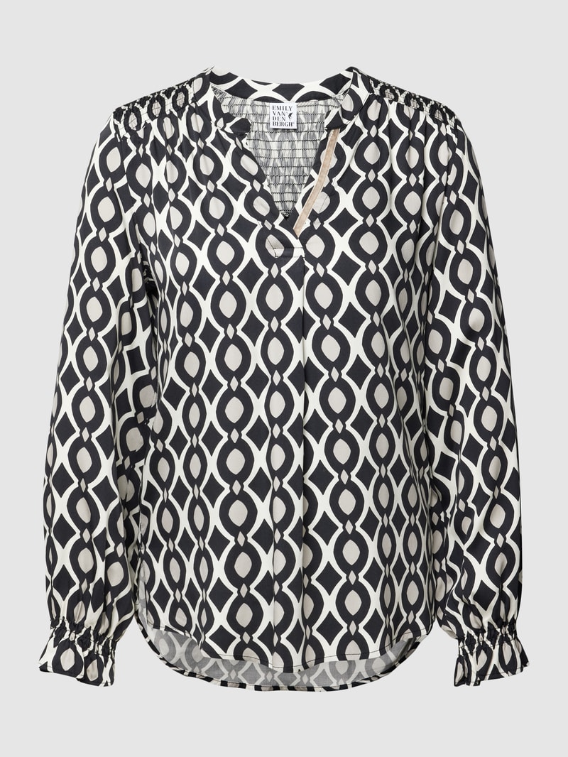 Blusenshirt aus Viskose mit Tunika-Kragen und Smok-Details in schwarz