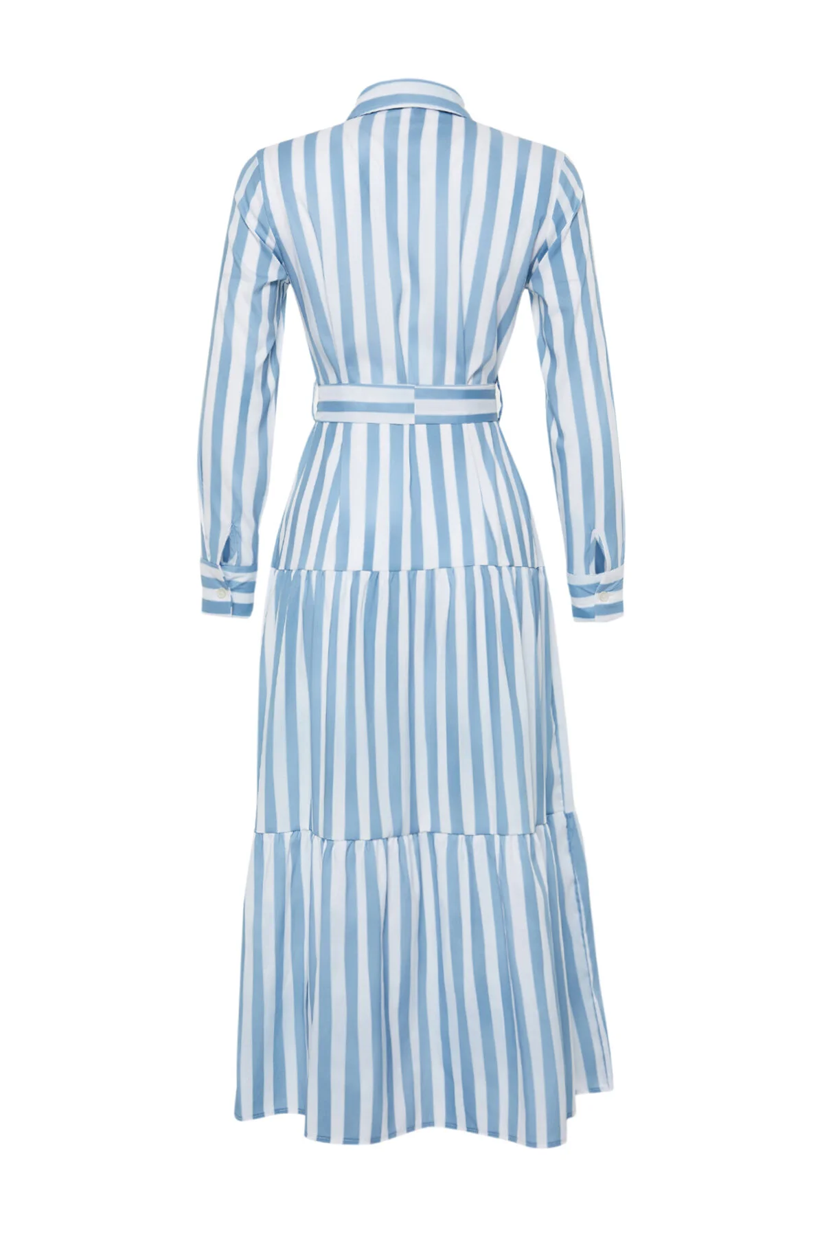 Trendyol Modest  Blaues, gewebtes Kleid mit Hemdkragen und gestreiftem Gürtel TCTSS24EB00150