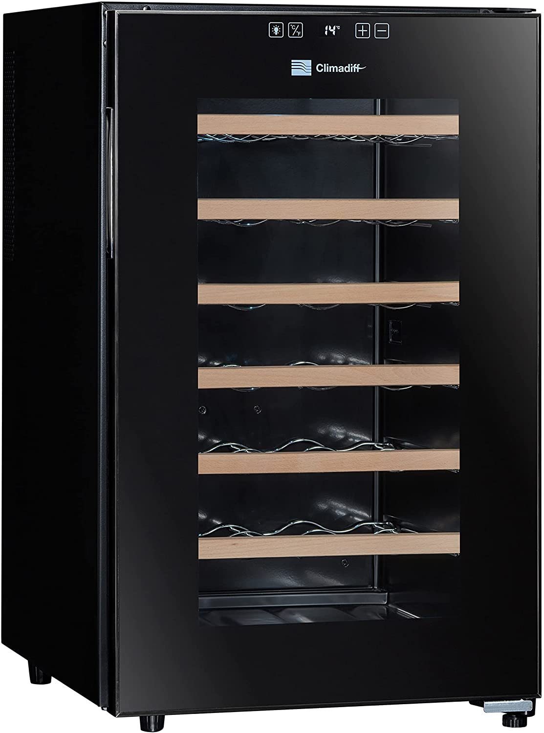 CLIMADIFF Weinkühlschrank CC28, Glastür, 28 Flaschen Wein, Flaschenkühlschrank Kühlschrank, für 28 Standardflaschen á 0,75l,Design Weinkühler, Getränkekühlschrank 35x46x48cm Weinschrank Wein