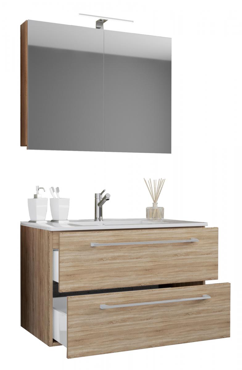 VCM 3-tlg. Waschplatz 80cm 2 Schubfächer | Mit Spiegelschrank Sonoma-Eiche