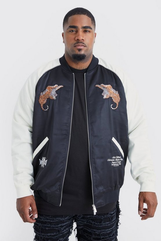Plus Satin Souvenir-Bomberjacke mit Stickerei