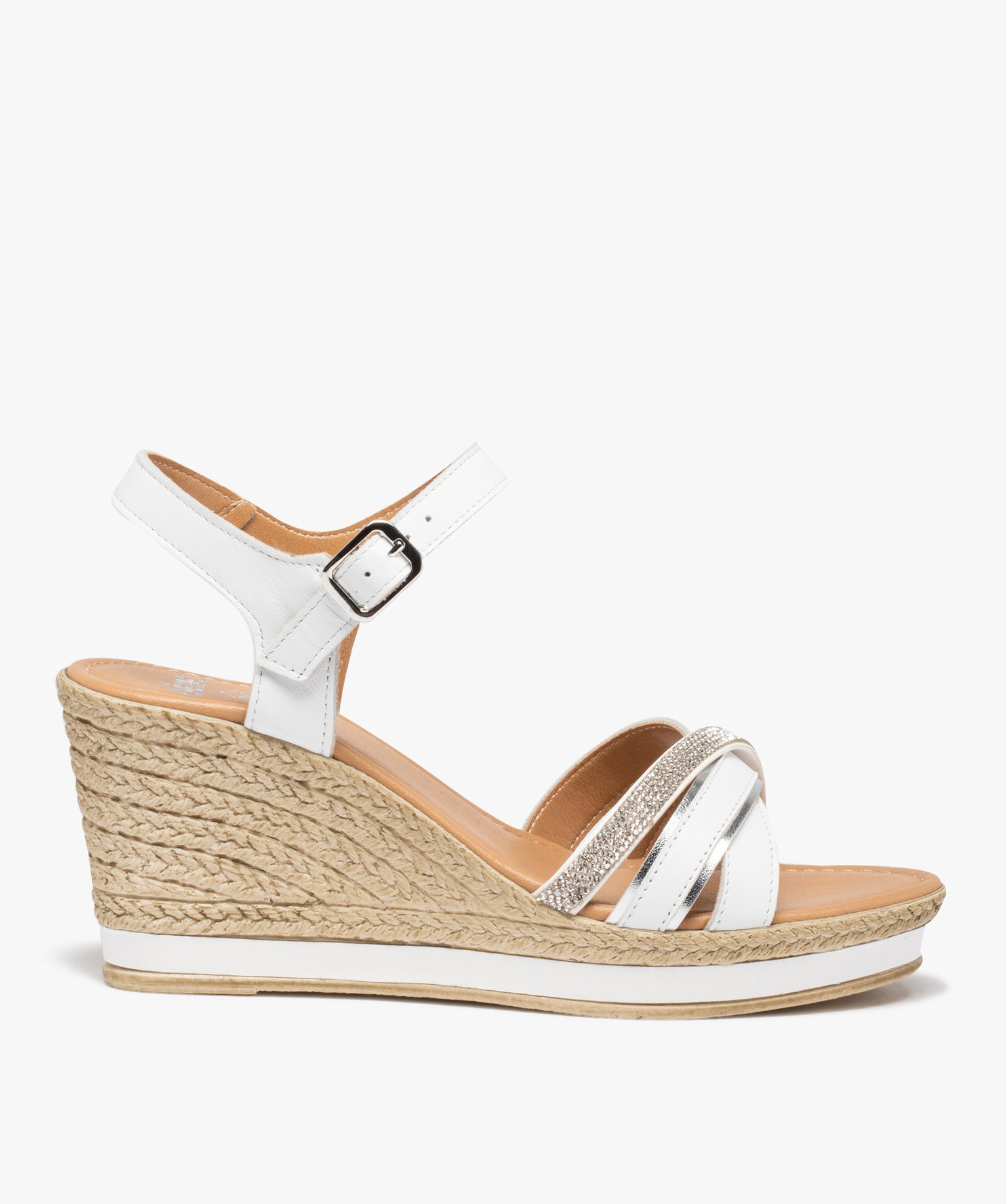 Sandales femme compensées à brides en cuir et strass blanc | GEMO