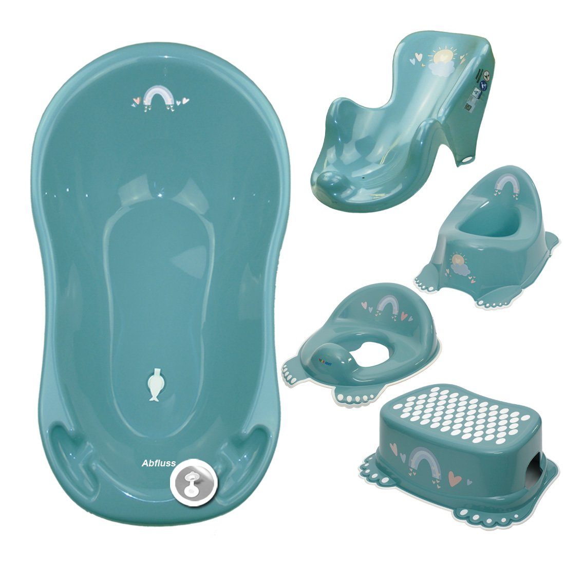 Tega-Baby Babybadewanne 5 Teile SET - METEO Türkis - -Babybadeset Wanne Pflege Zubehör, (Premium.set Made in Europe), Wanne+ Badesitz+ Töpfchen+ WC Aufsatz+ Hocker