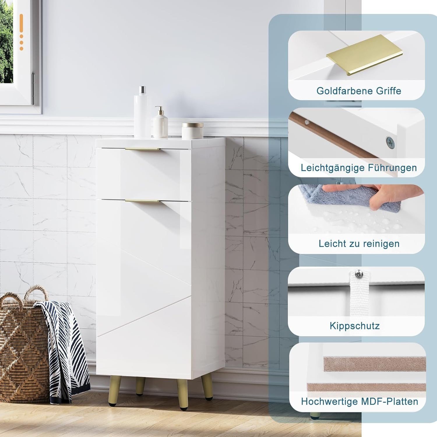 EUGAD Badkommode (1 St), Badezimmerschrank mit Schublade, 2 Ablagen, aus MDF