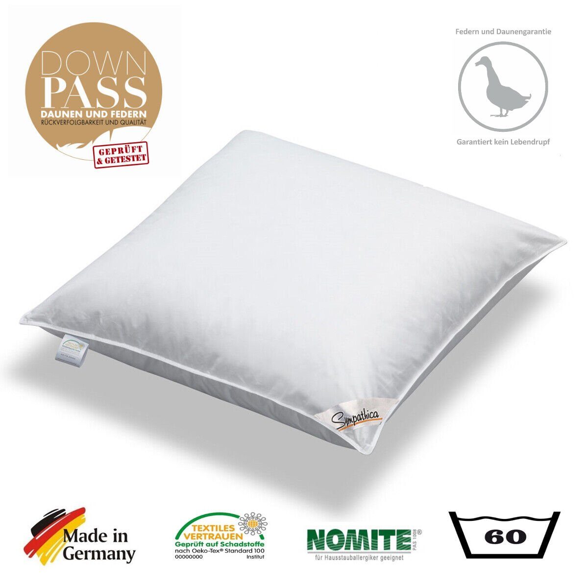 3-Kammer-Kopfkissen 3 Kammer Kopfkissen premium extra dick 1100g neue Daunen Klasse1 80x80, Sympathica, Füllung: Innenkammer 100% neue weiße Federn Klasse1, Außenkammer 90% neue weiße Daunen + 10% neue weiße Kleinstfederchen Klasse1, Bezug: 100% Baum