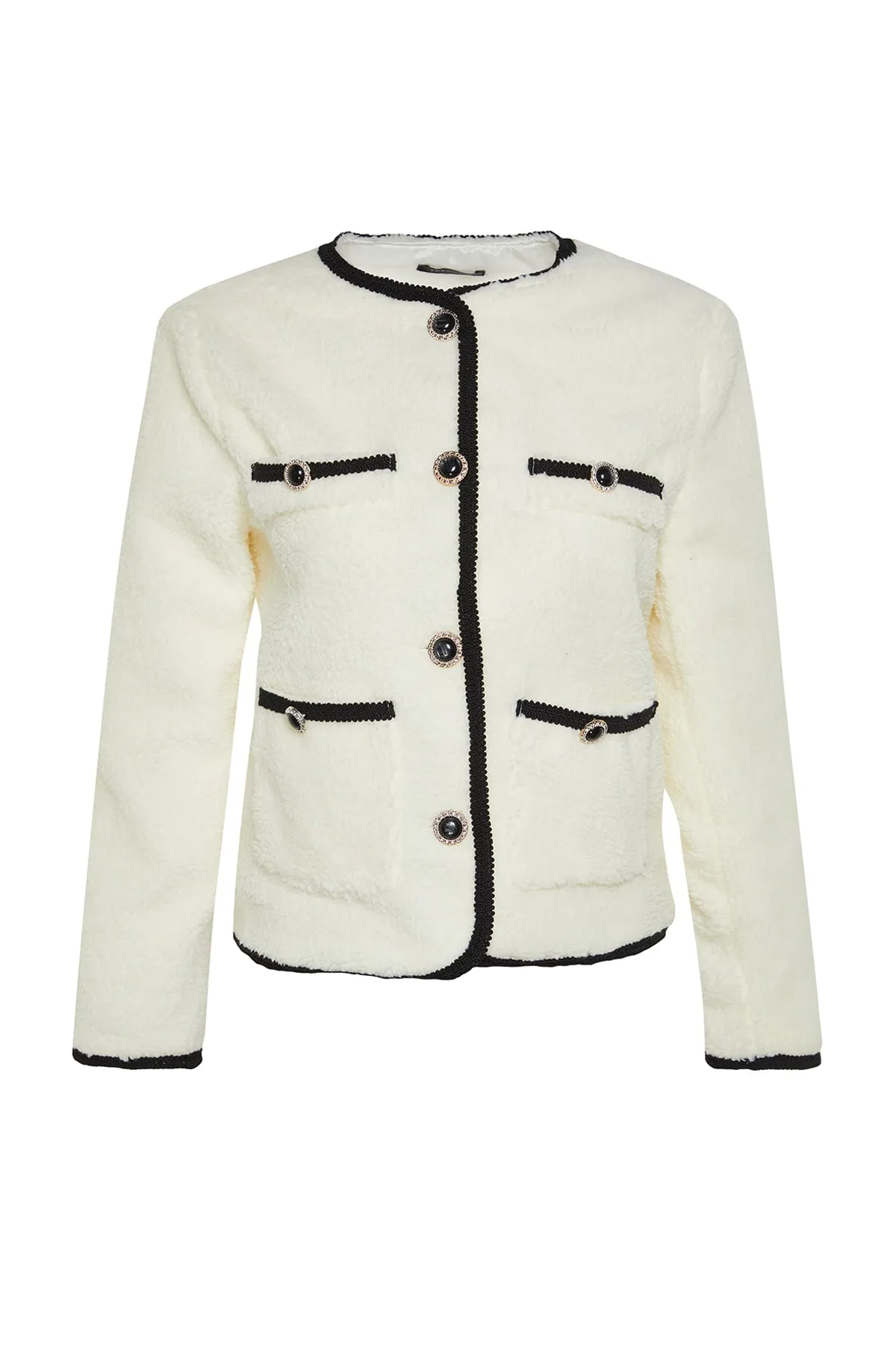 Trendyol Collection  Ecrufarbener Plüsch-Jackenmantel mit Taschendetail TWOAW24MO00010