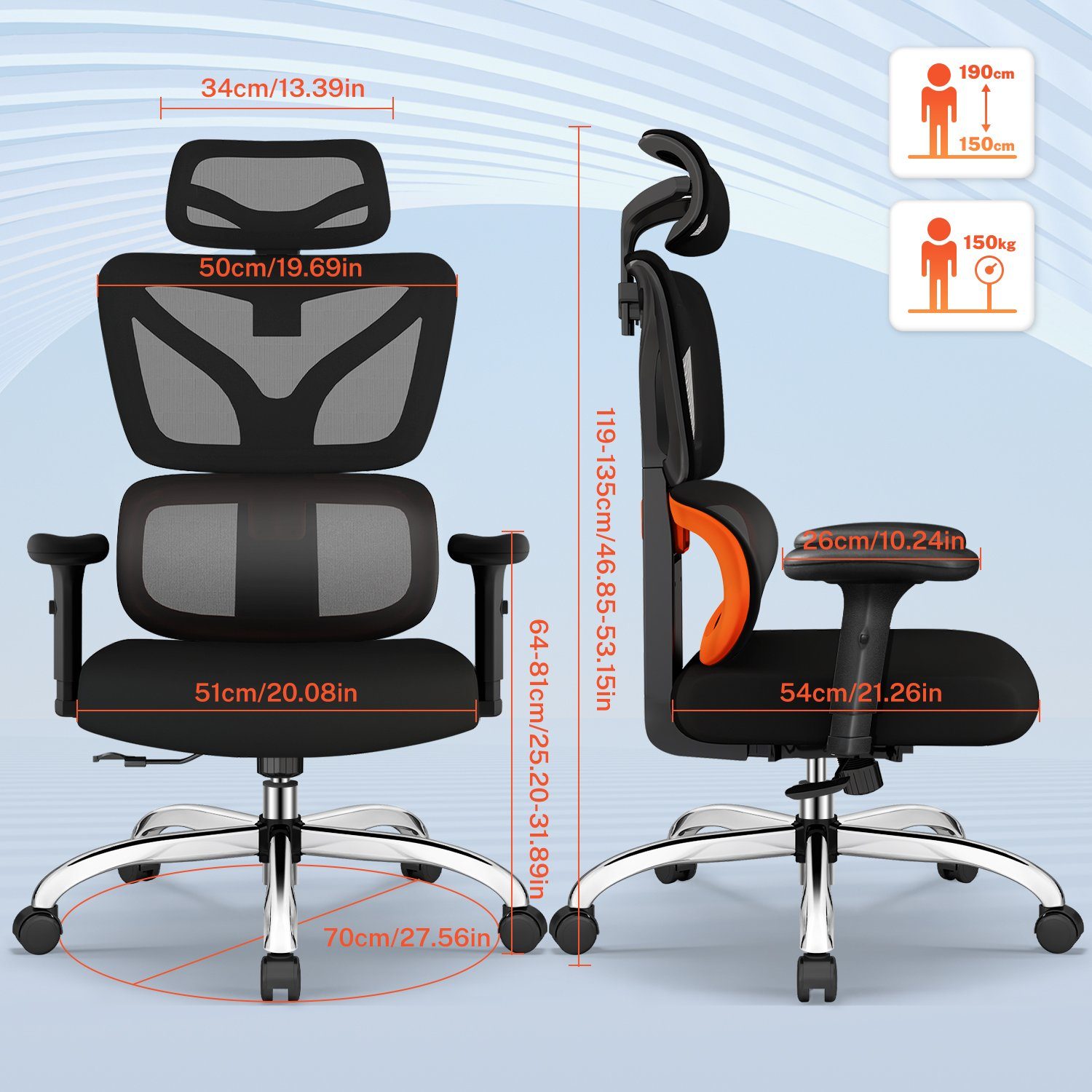 Authmic Bürostuhl Bürostuhl, Drehstuhl, Schreibtischstuhl, Chefsessel, (Bürostuhl ergonomisch mit verstellbarer Kopfstutze, Armlehnen, Lendenwirbelstutze, Atmungsaktiver Netzstuhl, Wippfunktion von 90° bis 135°, Bürostuhl 150kg)